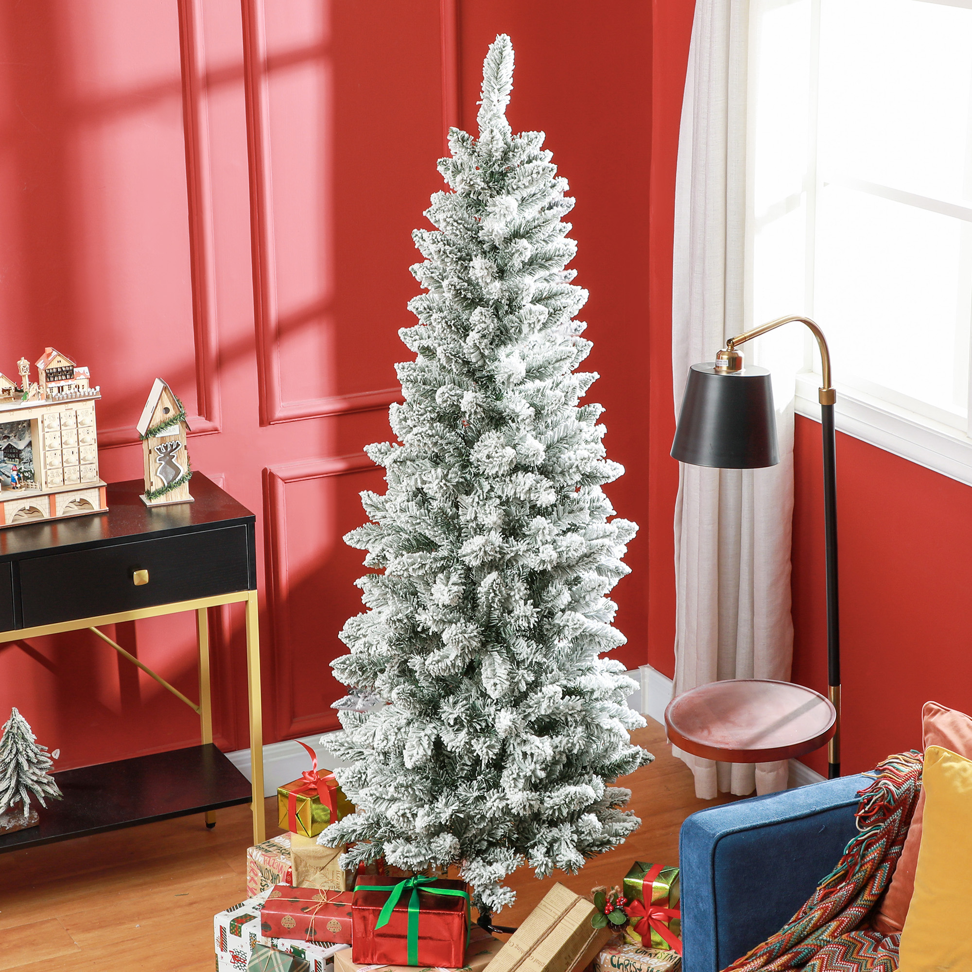 Künstlicher Weihnachtsbaum mit Kunstschnee, schlank, 183 cm, Grün