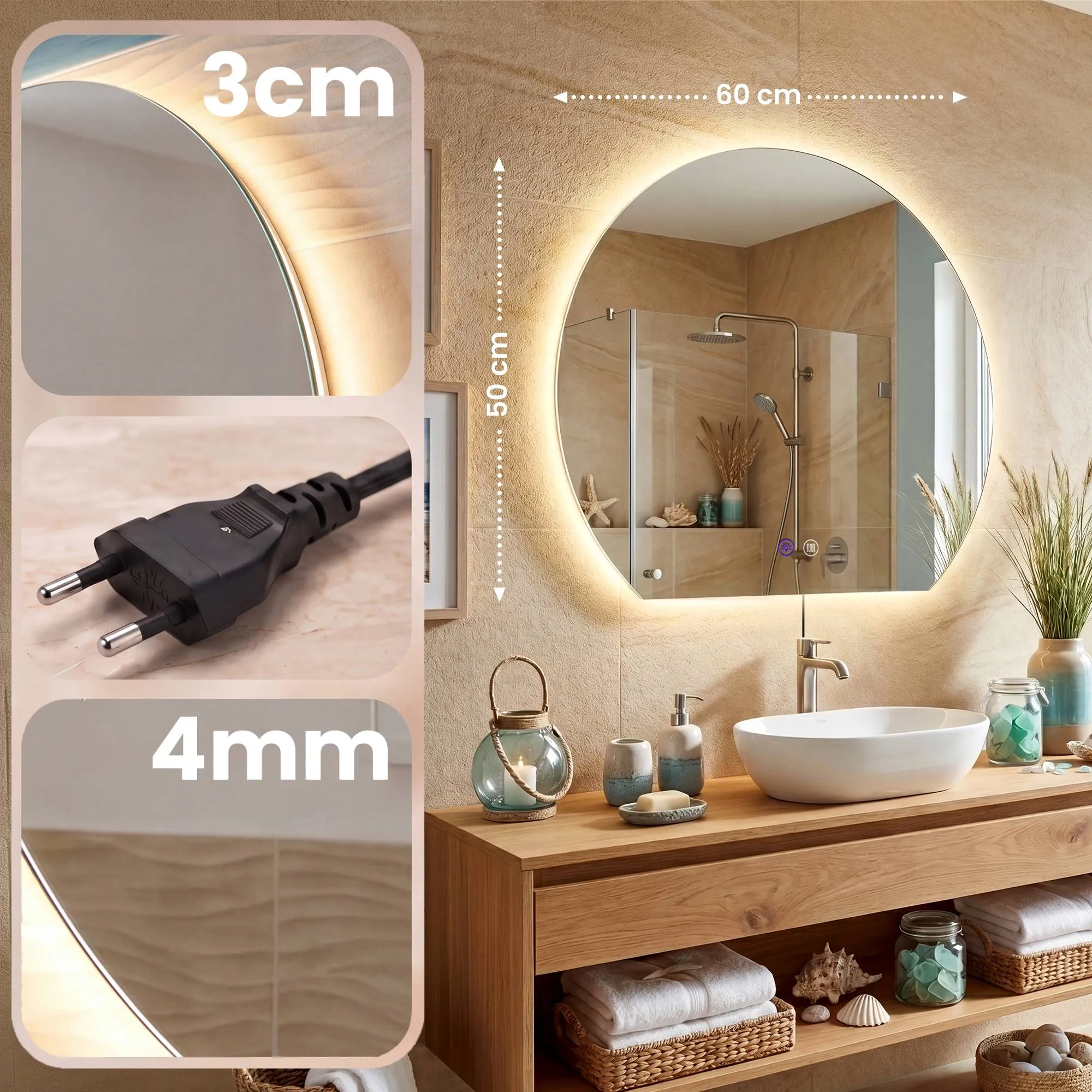 LED-Badspiegel Baloni 60x50x3 cm Klarglas