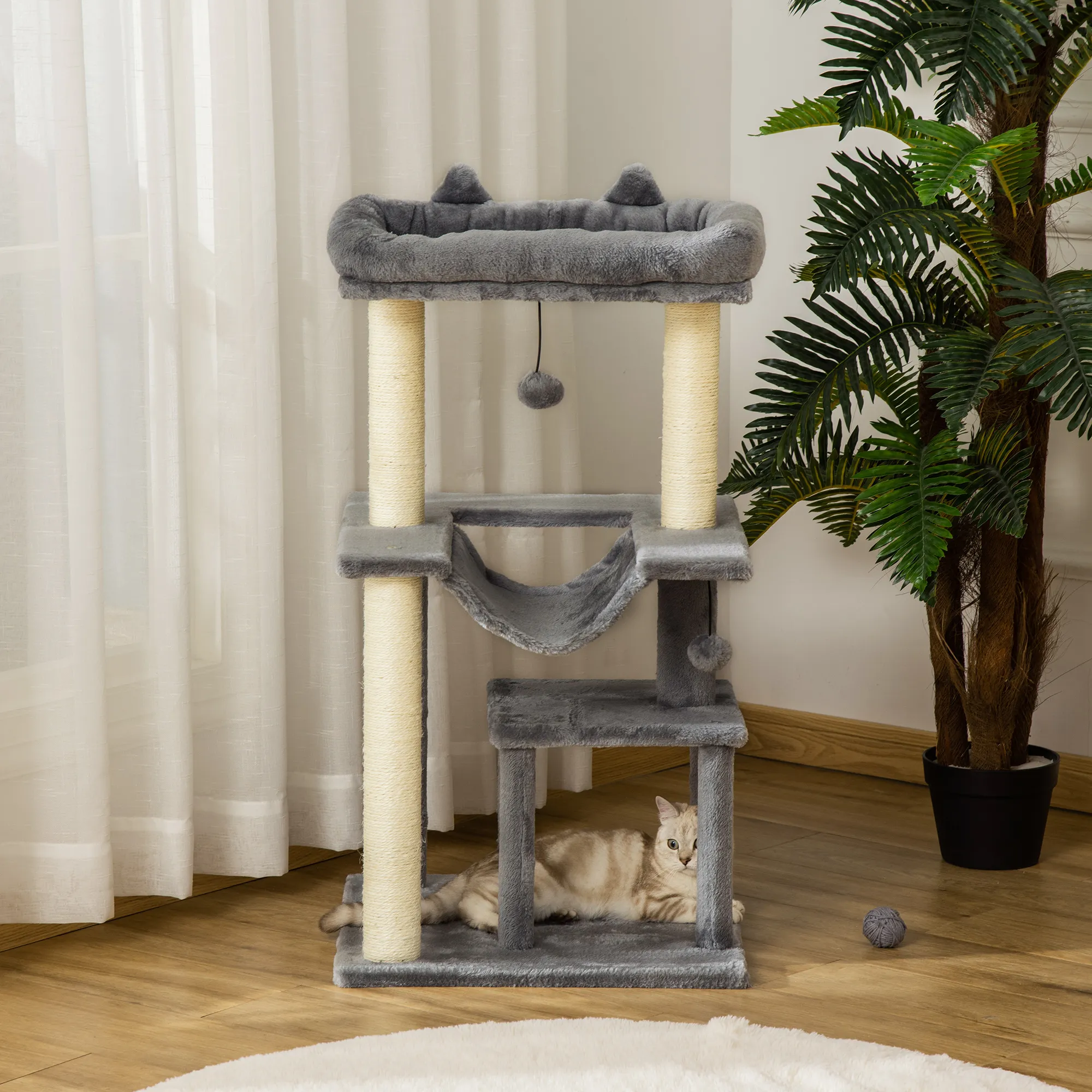 Kratzbaum für Katzen mit Hängematte und Höhle, Plüsch, Grau, 90cm