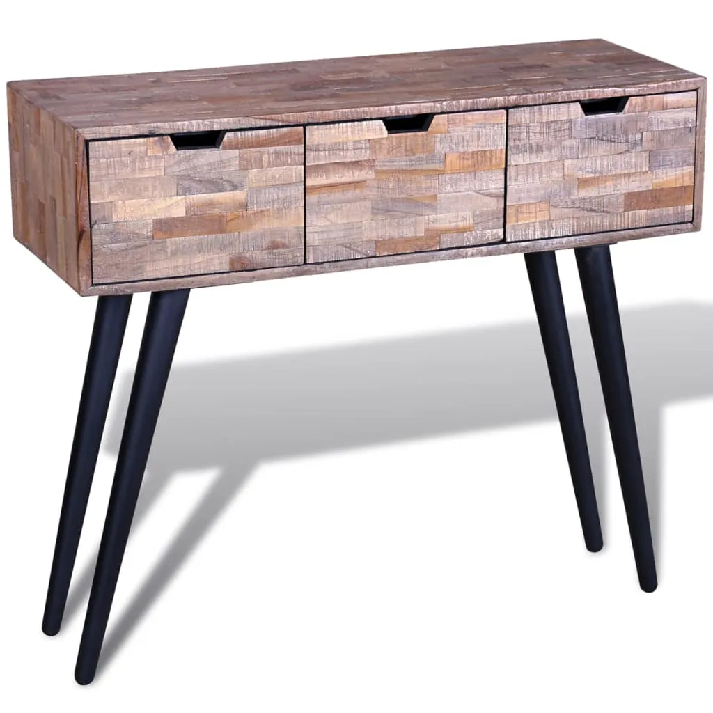 Konsolentisch aus Naturholz 87x31x75 cm mit schwarzem Gestell und 3 Schubladen