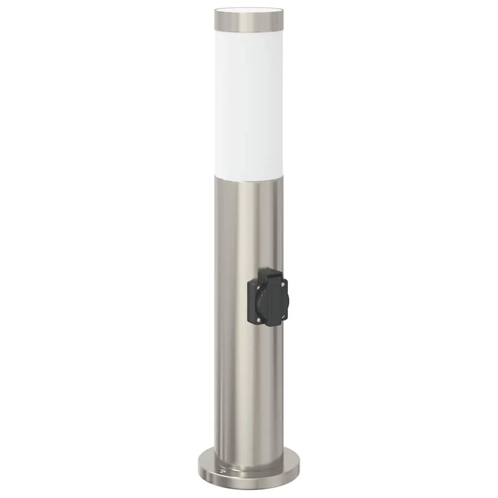 Silberne Pollerleuchte aus Edelstahl 11x50 cm mit integrierter Steckdose
