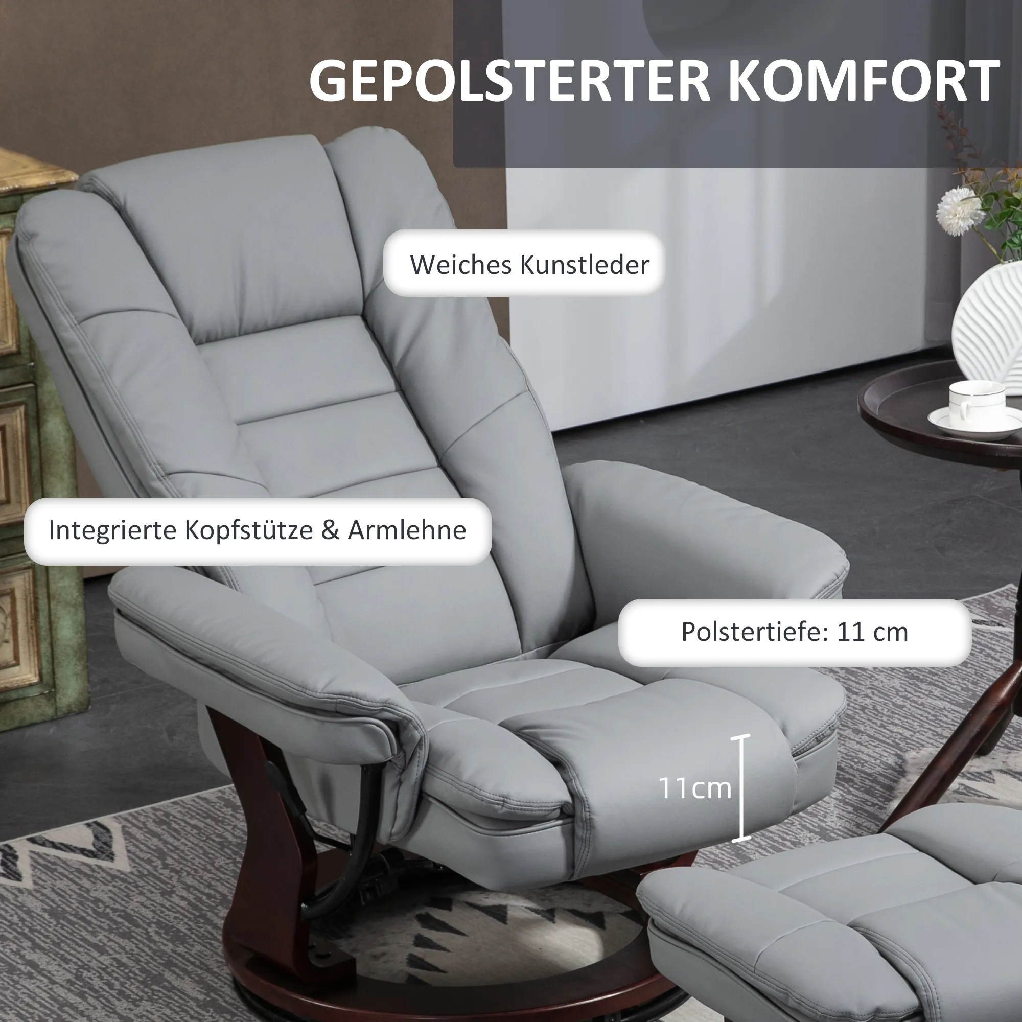 Relaxsessel Grau 85B x 82T x 106H cm mit Hocker