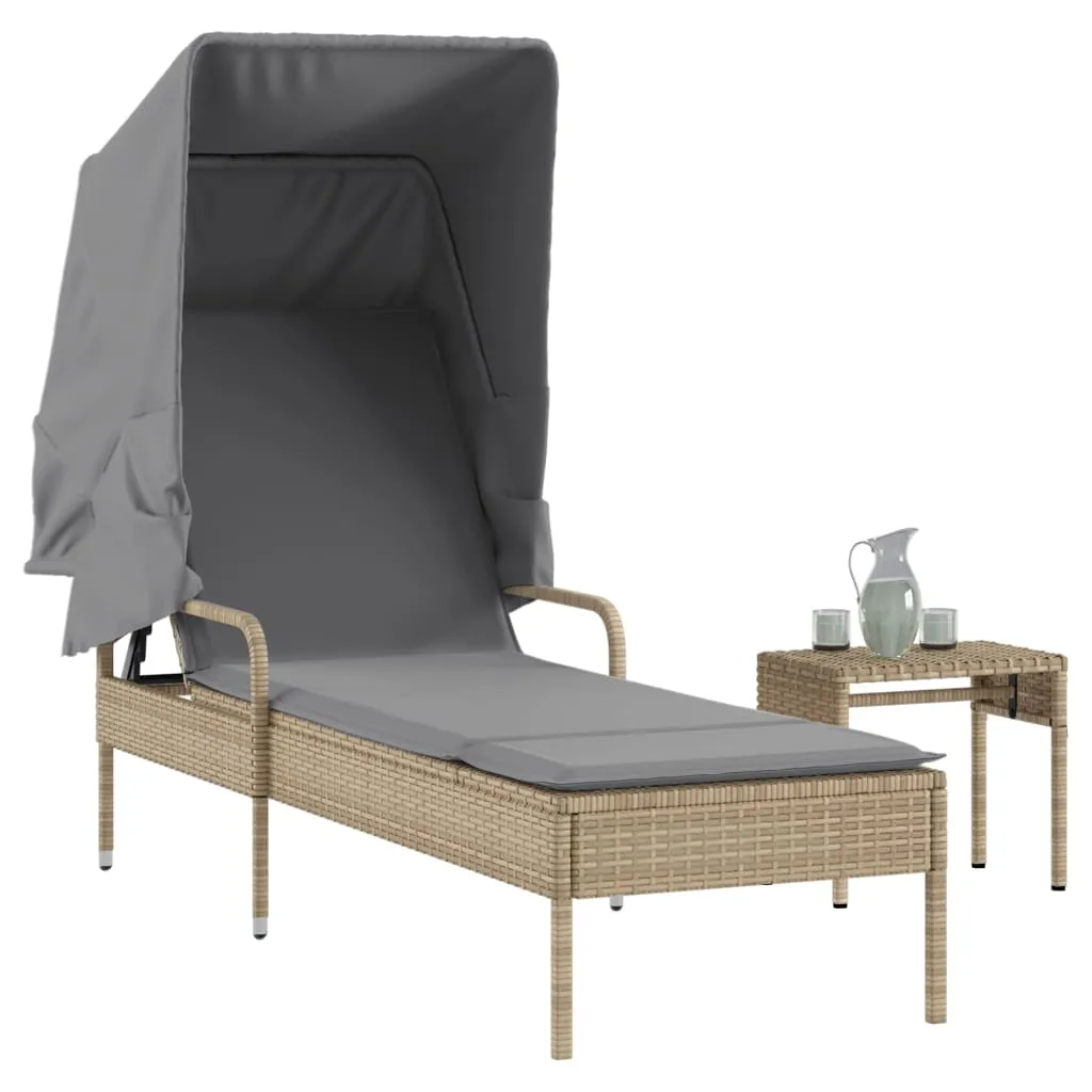 Sonnenliege mit Dach 62x200x130 cm Beige aus PE-Rattan und Stahl