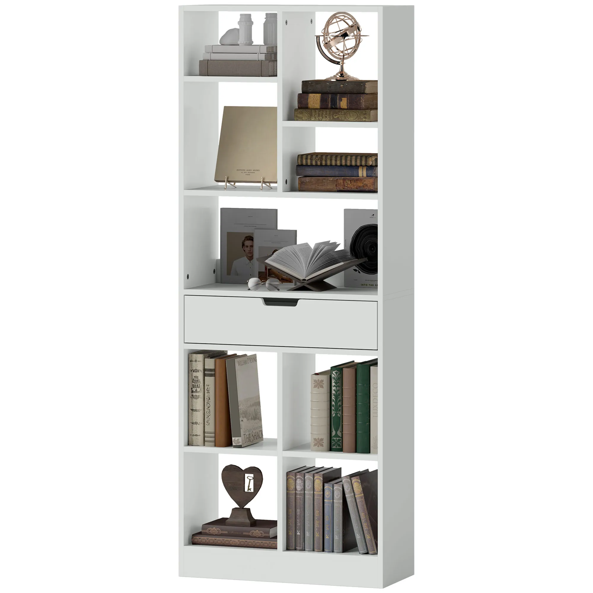 Bücherregal, Mehrzweckregal, 9 Fächer, Schublade, Kippschutz, 60 x 26 x 158 cm, Weiß Bücherregal, Mehrzweckregal, 9 Fächer, Schublade, Kippschutz, 60 x 26 x 158 cm, Weiß