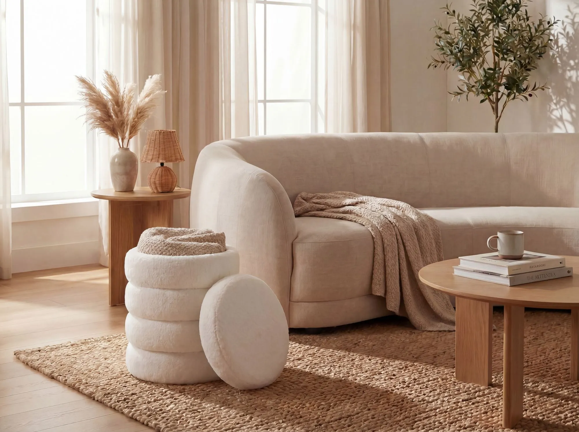 Sitzhocker mit Stauraum aus Teddy Stoff 40cm Creme Rund - Design Boho Stoffhocker mit abnehmbarem Deckel - Polsterhocker Schminktisch Hocker - Beistellhocker für Wohnzimmer Handmade
