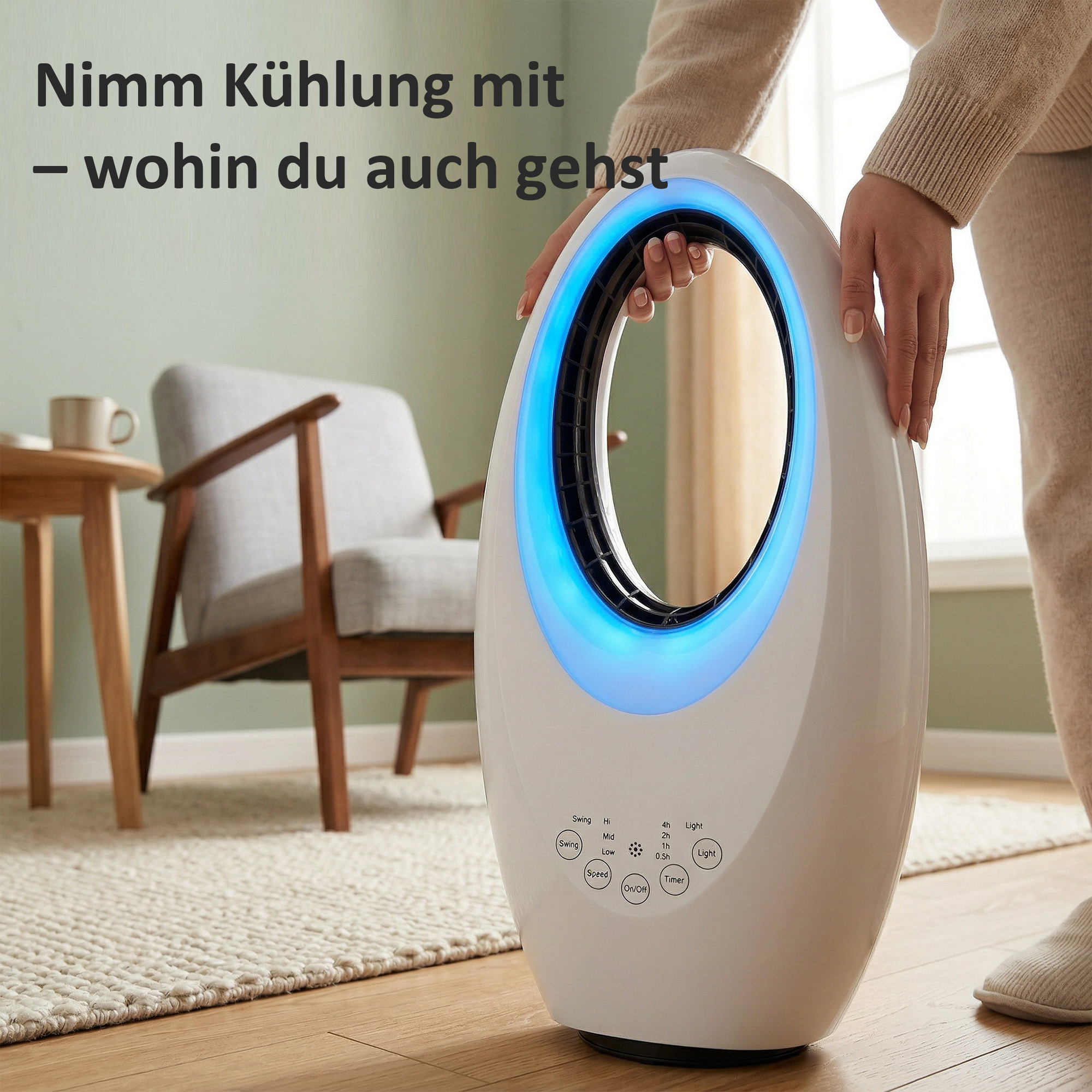 Turmventilator ohne Rotorblätter leiser Ventilator mit 60° Oszillation, LED-Beleuchtung, 3 Geschwindigkeiten, 7,5H-Timer