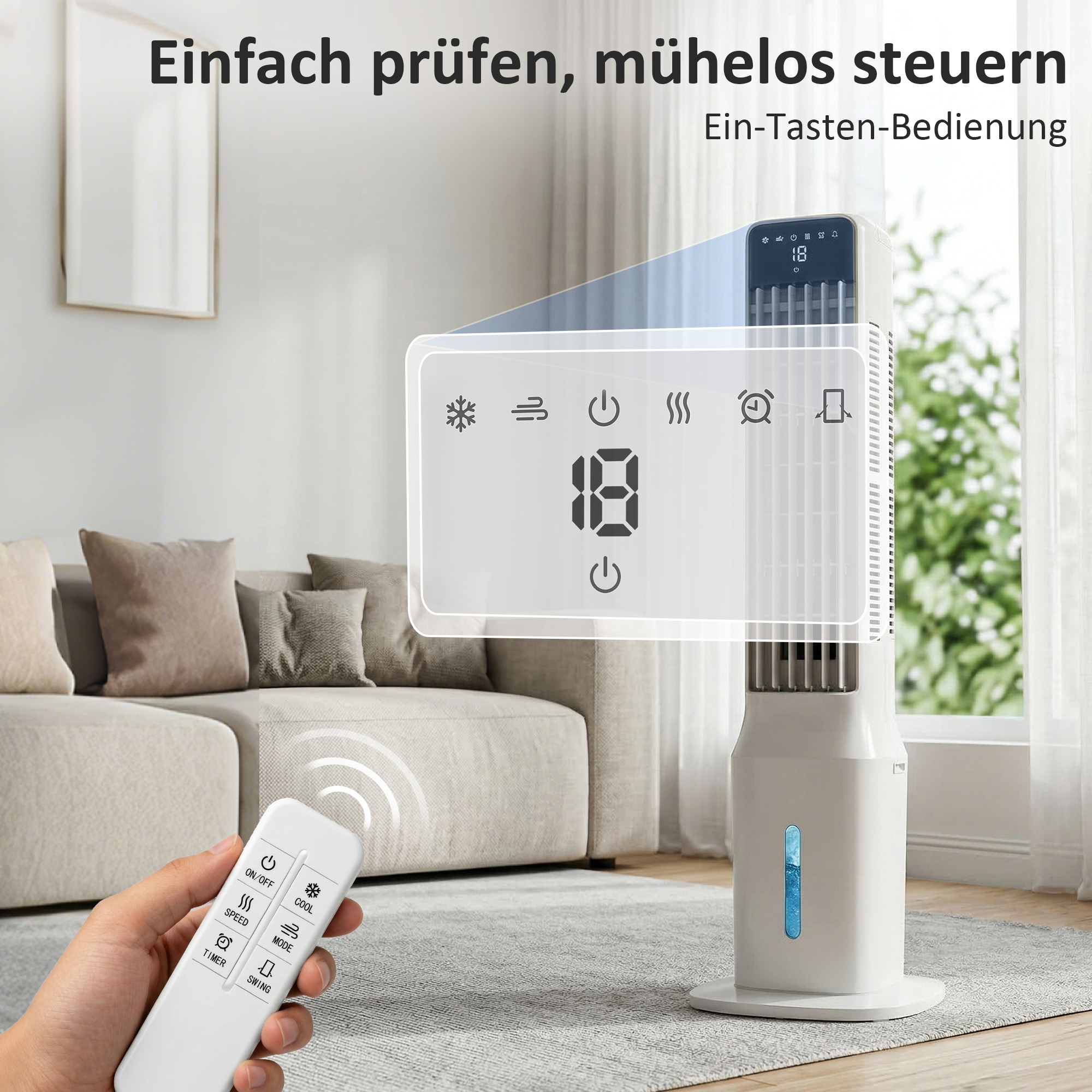 Tragbarer Luftkühler, 3-in-1 Verdunstungs-Luftkühler mit 9-Liter-Wassertank, 48° Oszillation, 3 Geschwindigkeiten, 3 Modi, Weiß