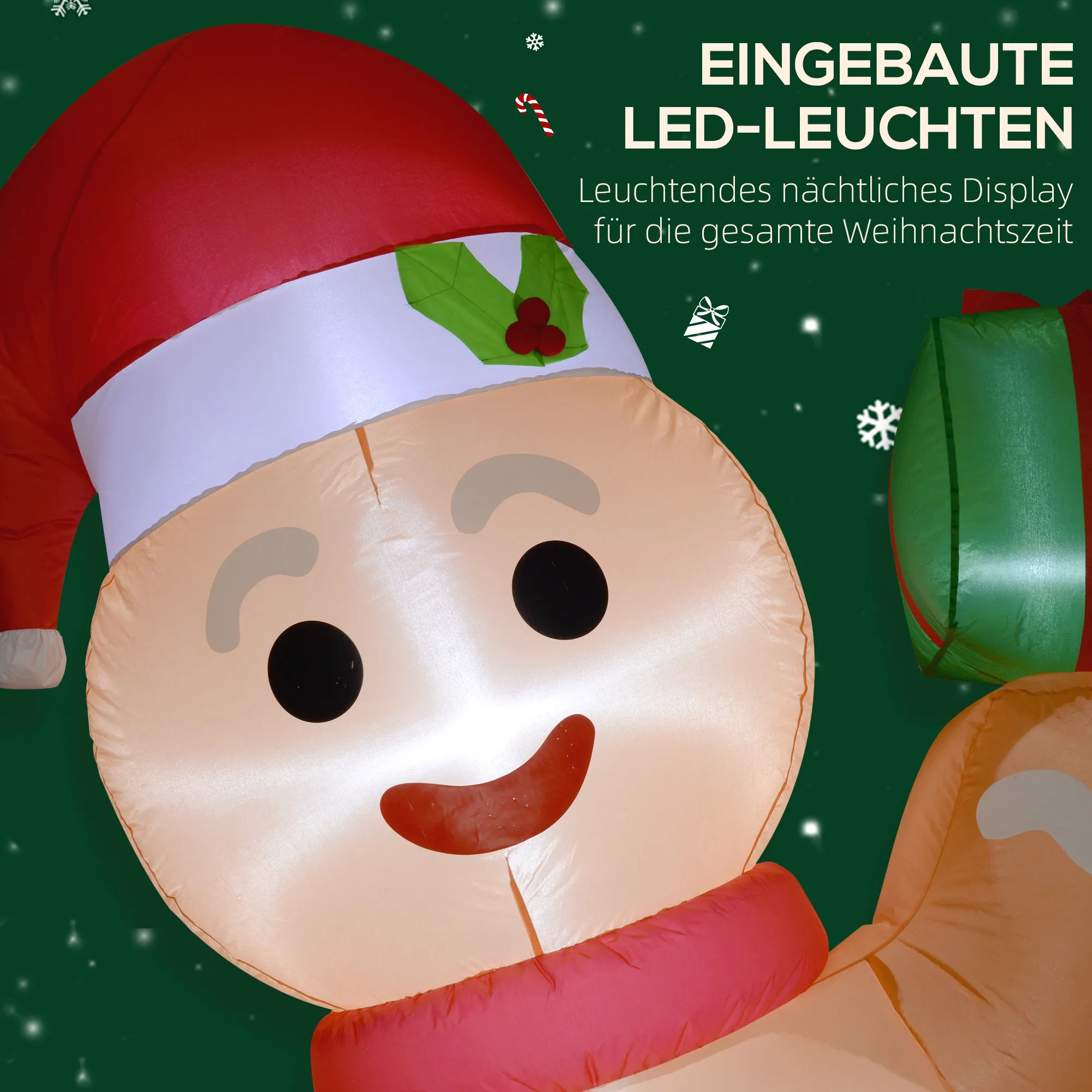 Lebkuchenmann mit Zuckerstange, 2,45 m groß, aufblasbar, weiße LED-Beleuchtung, 170 x 100 x 245 cm