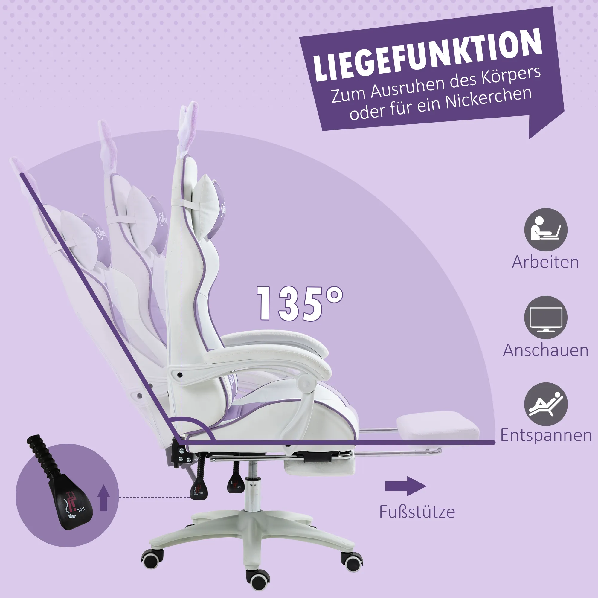 Gaming-Stuhl mit Fußstütze 65L x 63B x 136-142H cm Violett+Weiß