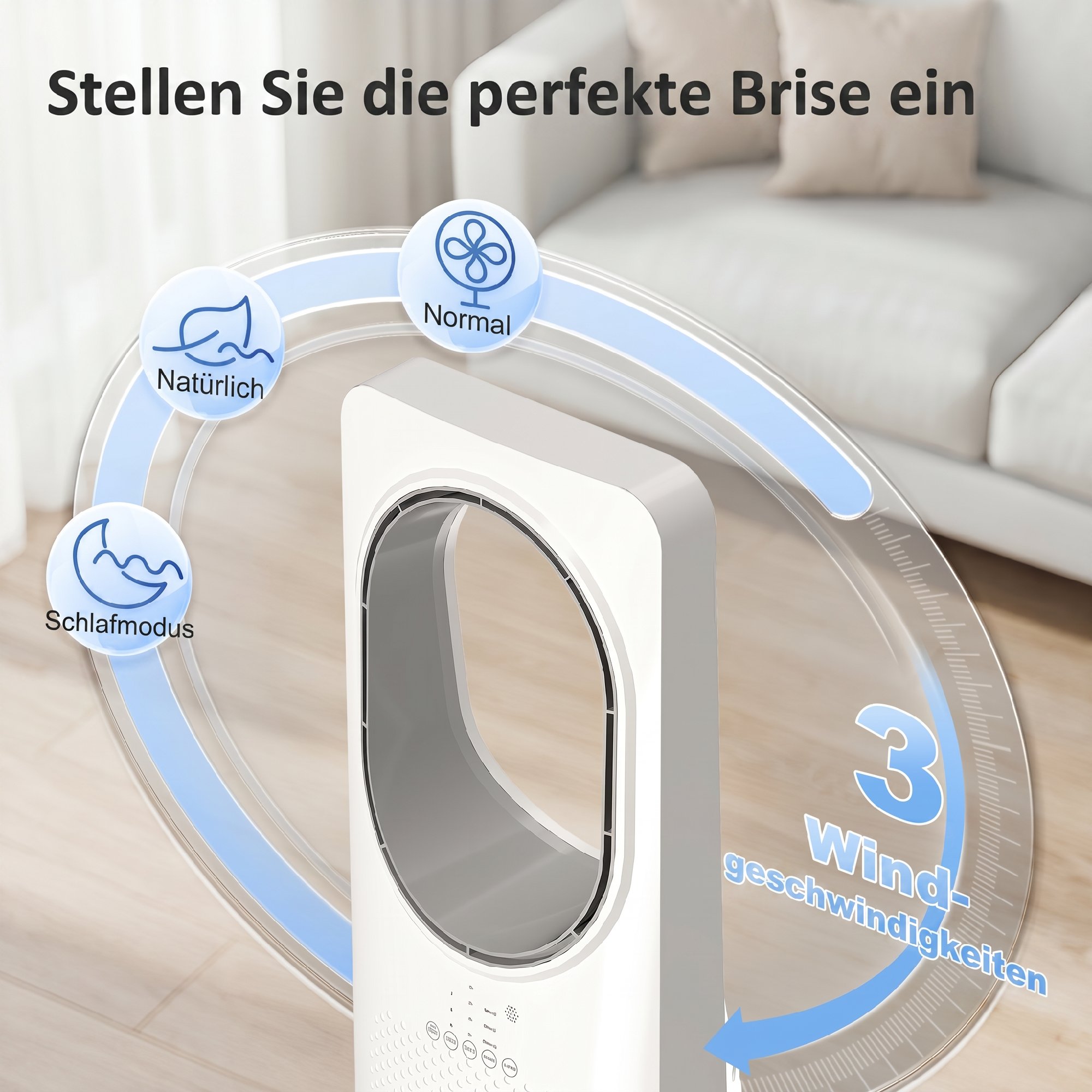 Bladeless Turmventilator für Schlafzimmer, 36 dB Standventilator mit 45° Oszillation, 3 Geschwindigkeiten, 3 Modi, 15-Stunden-Timer, Weiß