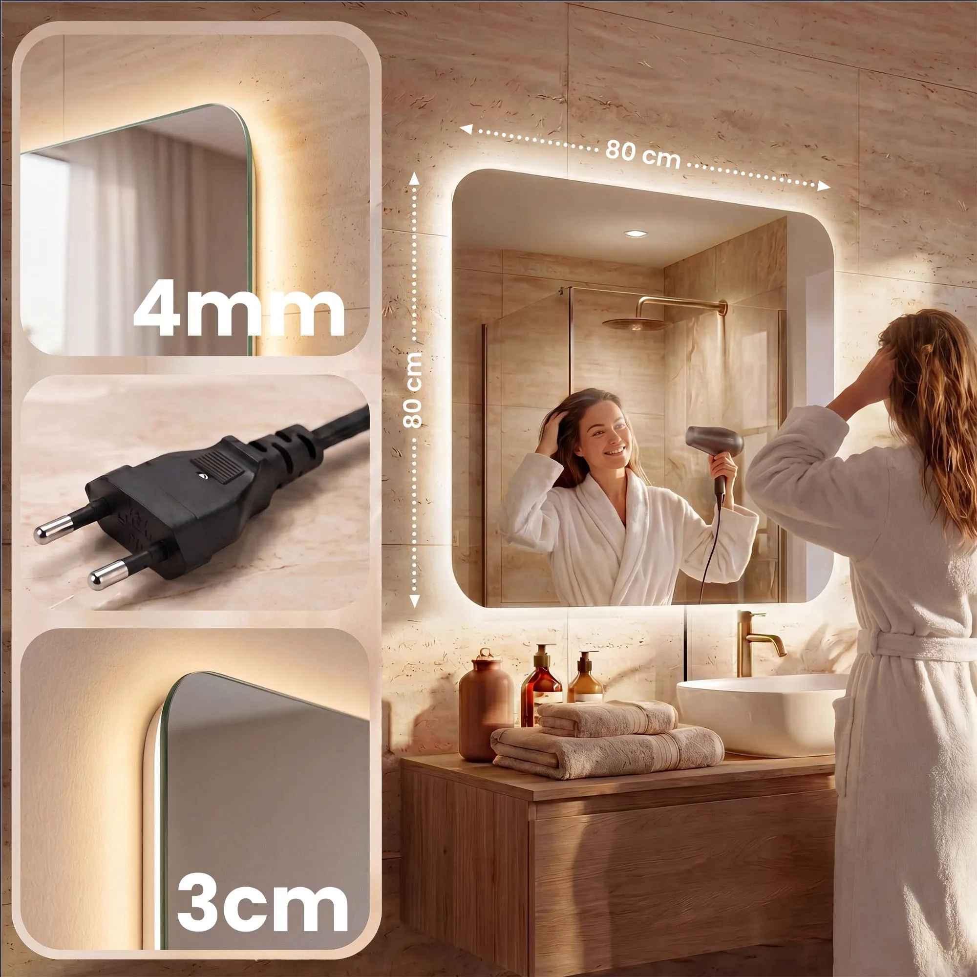 Badspiegel Palmiro LED 80x80 Klarglas