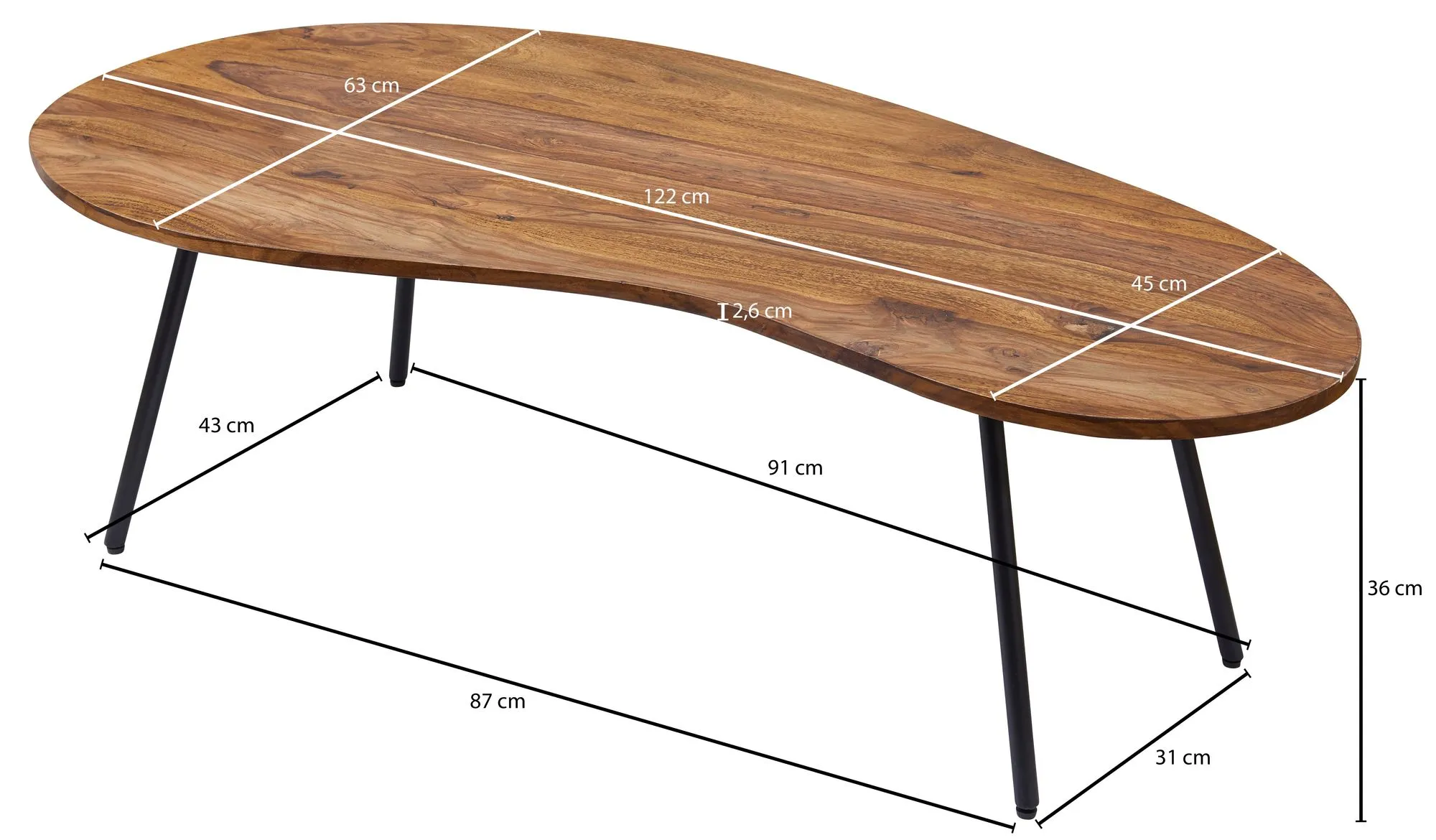 tinkaro Design Couchtisch DATIA Nierentisch Sheesham moderner Holztisch