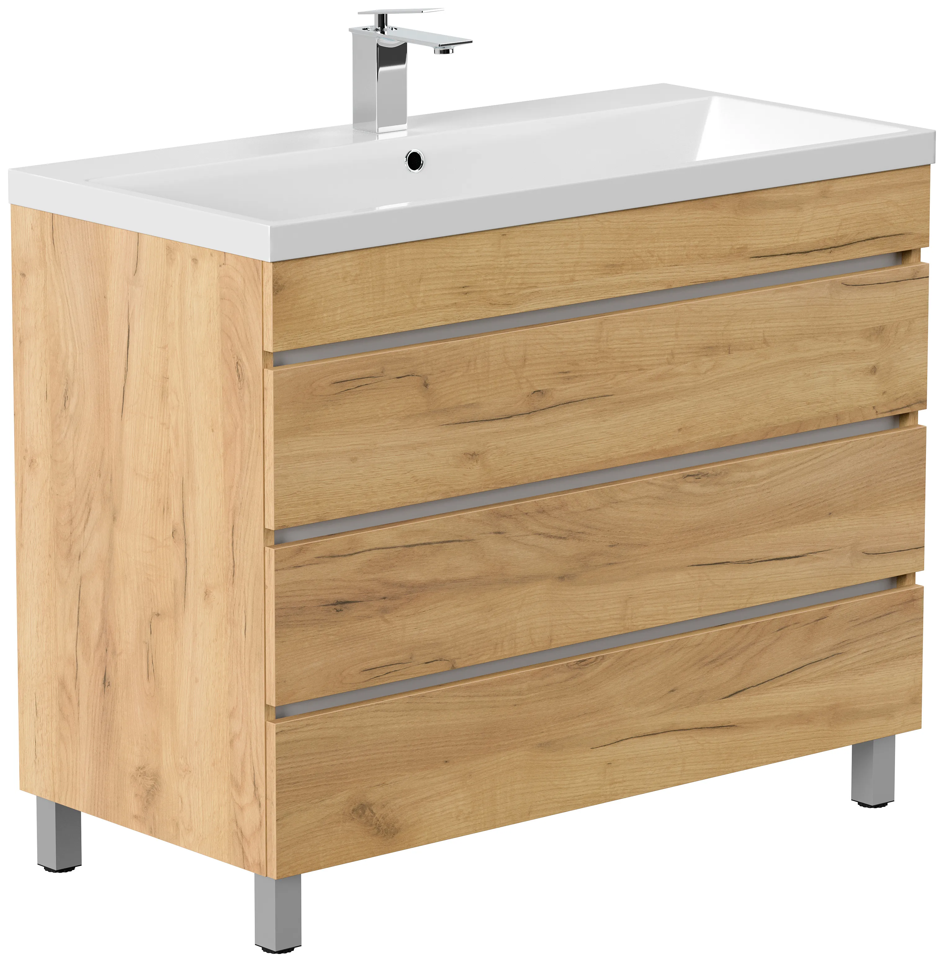 Stand Badmöbel Fellini 100 SoftClose eiche gold mit drei grifflosen Schubladen