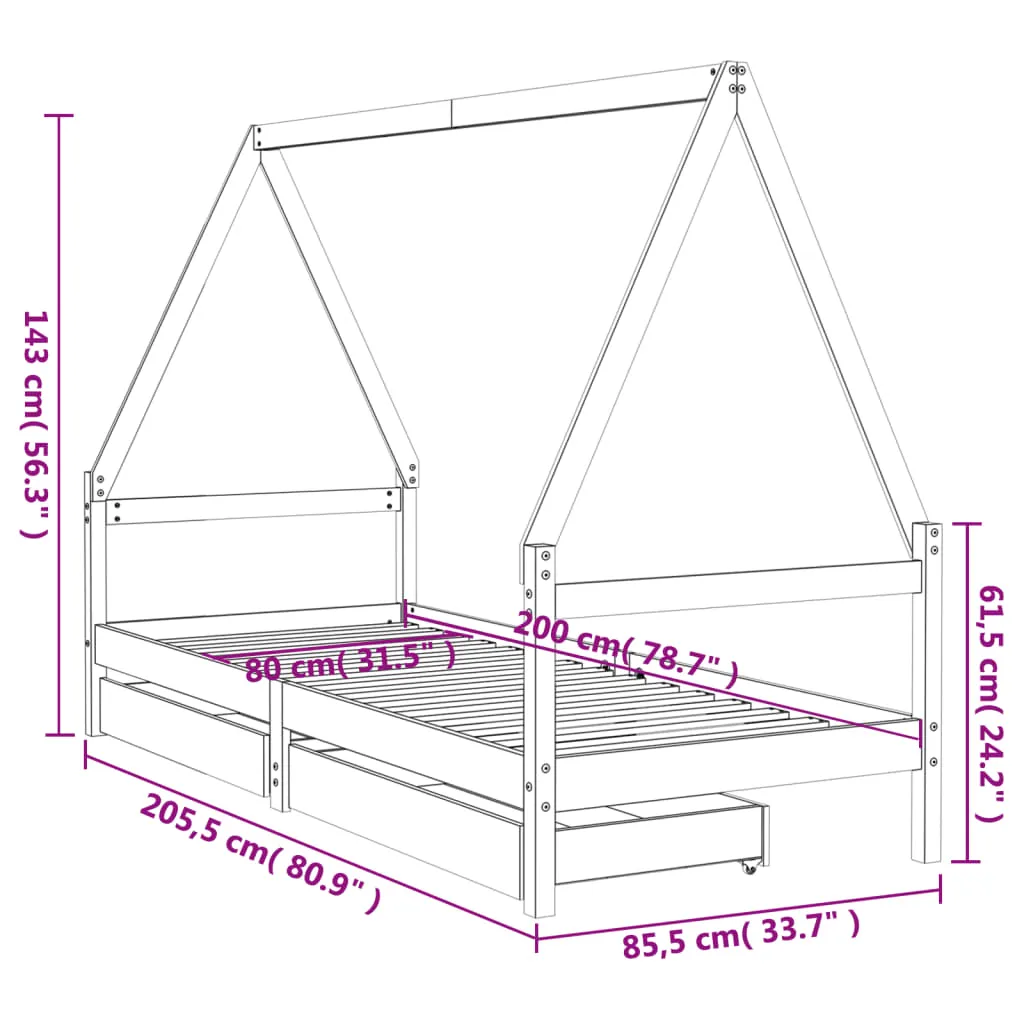 Kinderbett Hausform aus massivem Kiefernholz Weiß 205,5x85,5x143 cm