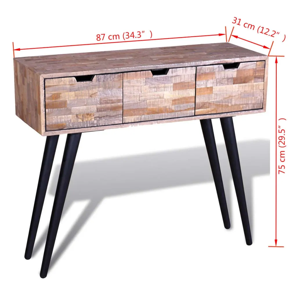 Konsolentisch aus Naturholz 87x31x75 cm mit schwarzem Gestell und 3 Schubladen