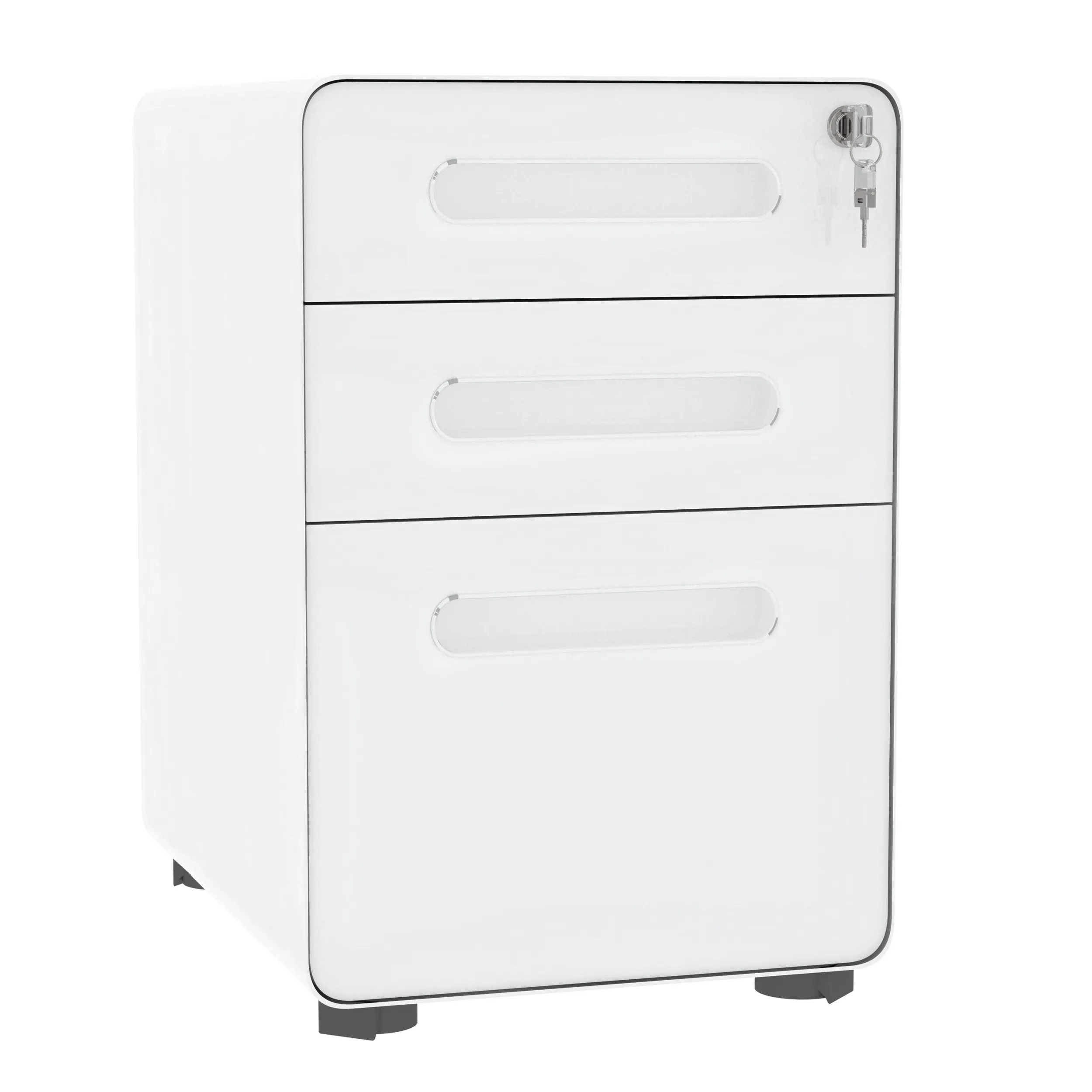 Rollcontainer mit 3 Schubladen mobiler Aktenschrank mit Rollen abschließbar Büroschrank mit Hängeregistratur Stiftfach, Bürocontainer Schreibtisch Unterschrank für Büro 39x48x59cm Weiß