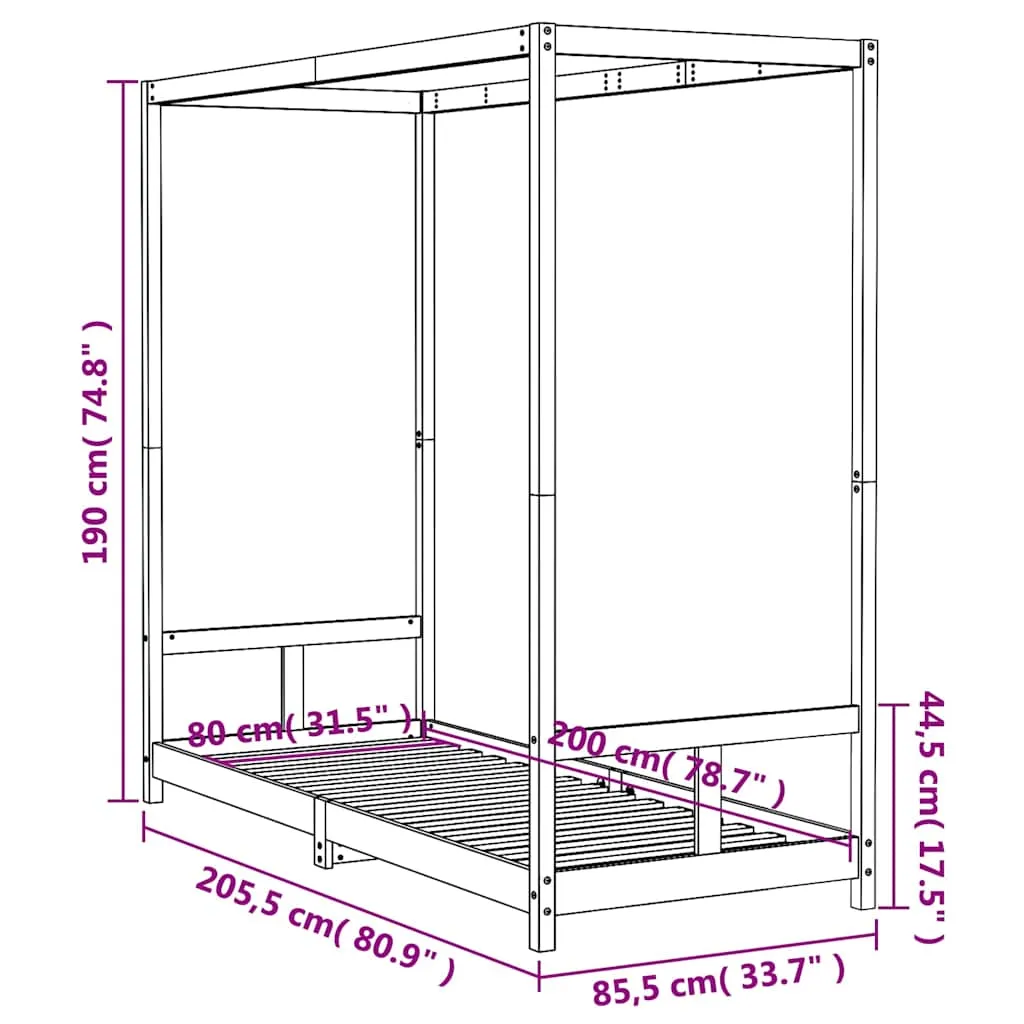 Kinderbett aus massivem Kiefernholz Schwarz 205,5 x 85,5 x 190 cm