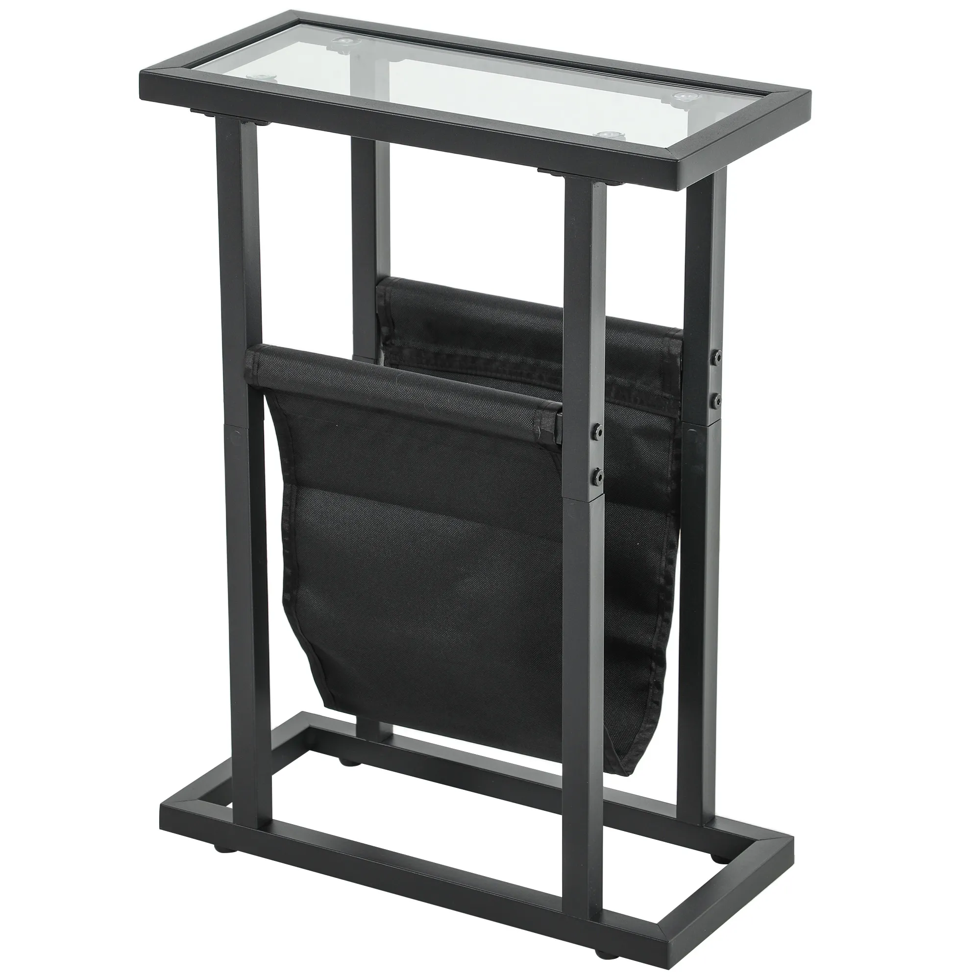 Beistelltisch aus Metall mit Stofftasche und Glasplatte, schmaler Tisch für Wohnzimmer, Schlafzimmer, Schwarz Beistelltisch aus Metall mit Stofftasche und Glasplatte, schmaler Tisch für Wohnzimmer, Schlafzimmer, Schwarz