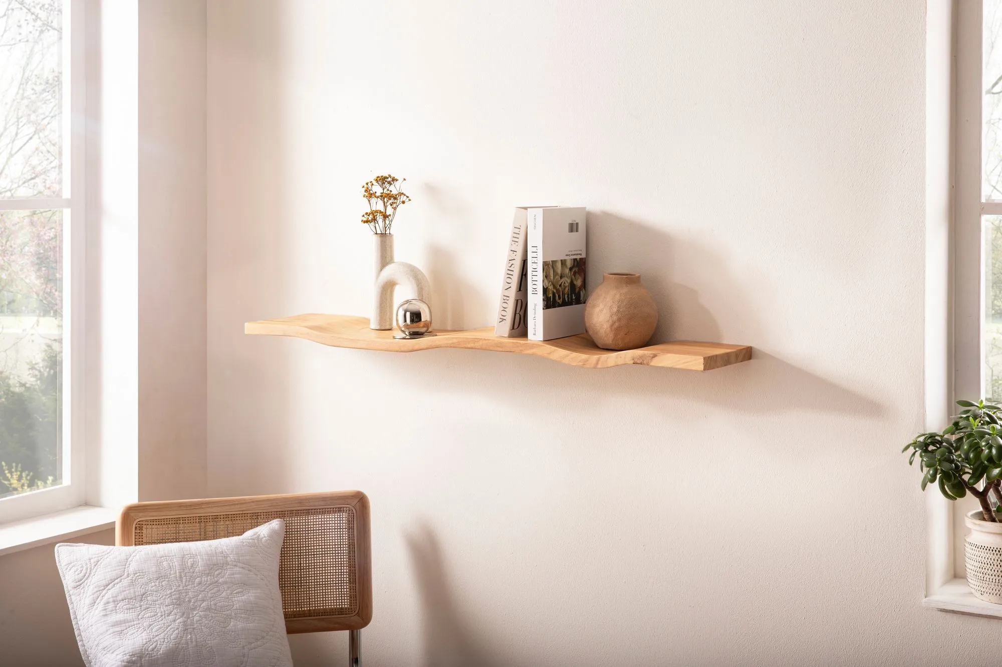 Wandregal Akazie Massivholz 80cm - Schwebendes Design Regal für die Wand Holz massiv - Hängeregal in Wellenform - Wandboard aus Echtholz