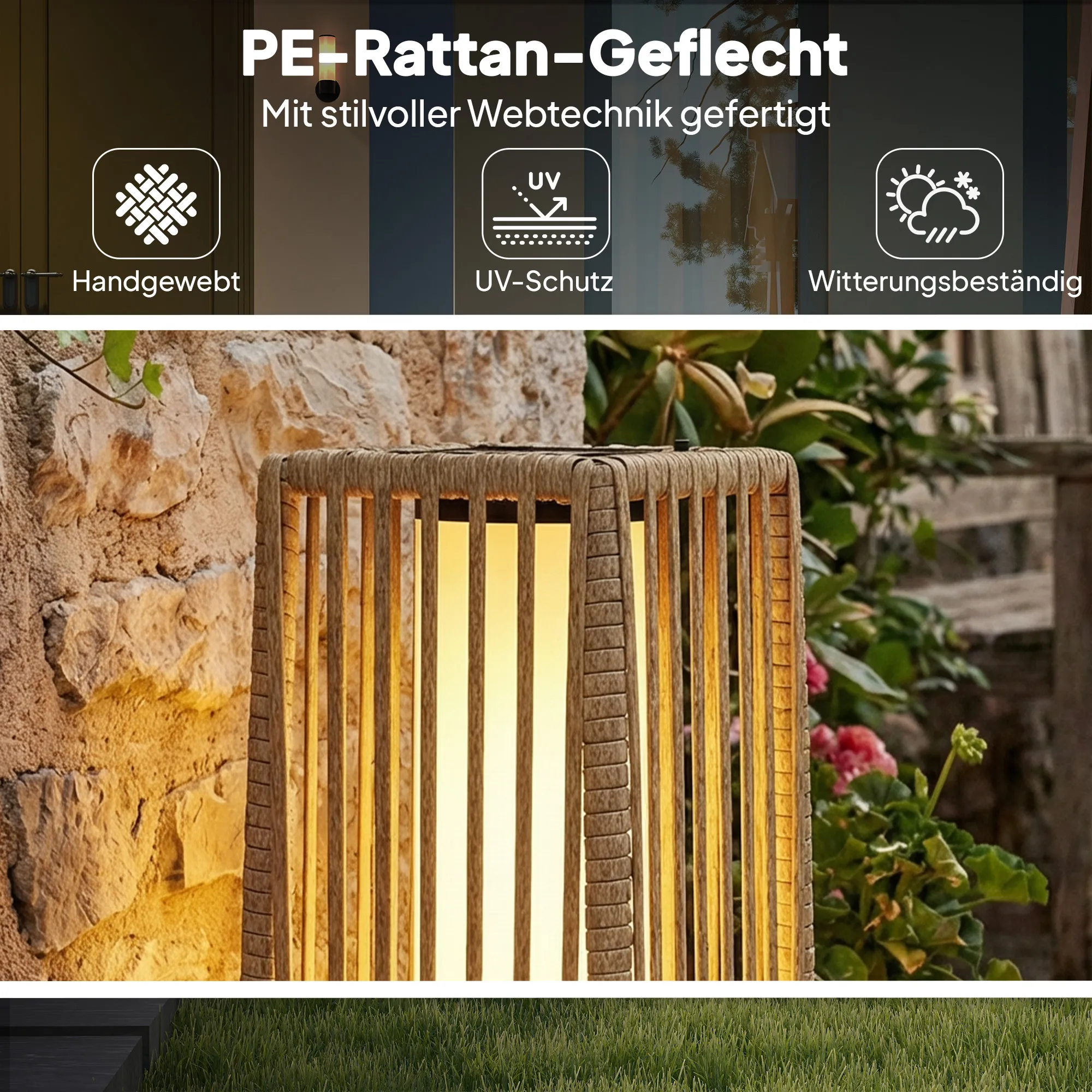 Solar Stehlampe Rattan Boho-Stil IP44, Sand, 19x19x68 cm
