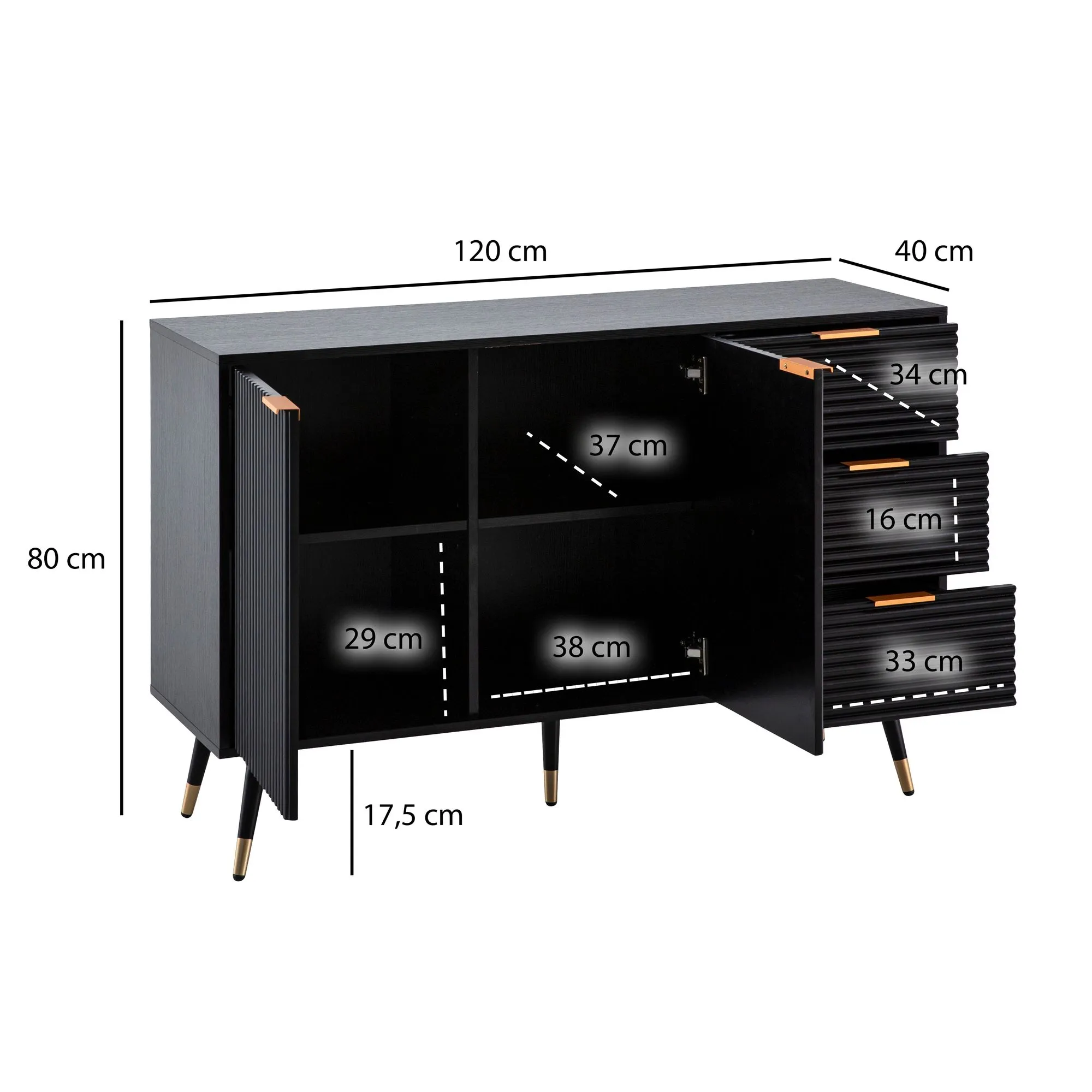 Sideboard 120x80x40 cm Anrichte Schwarz mit Eiche-Dekor