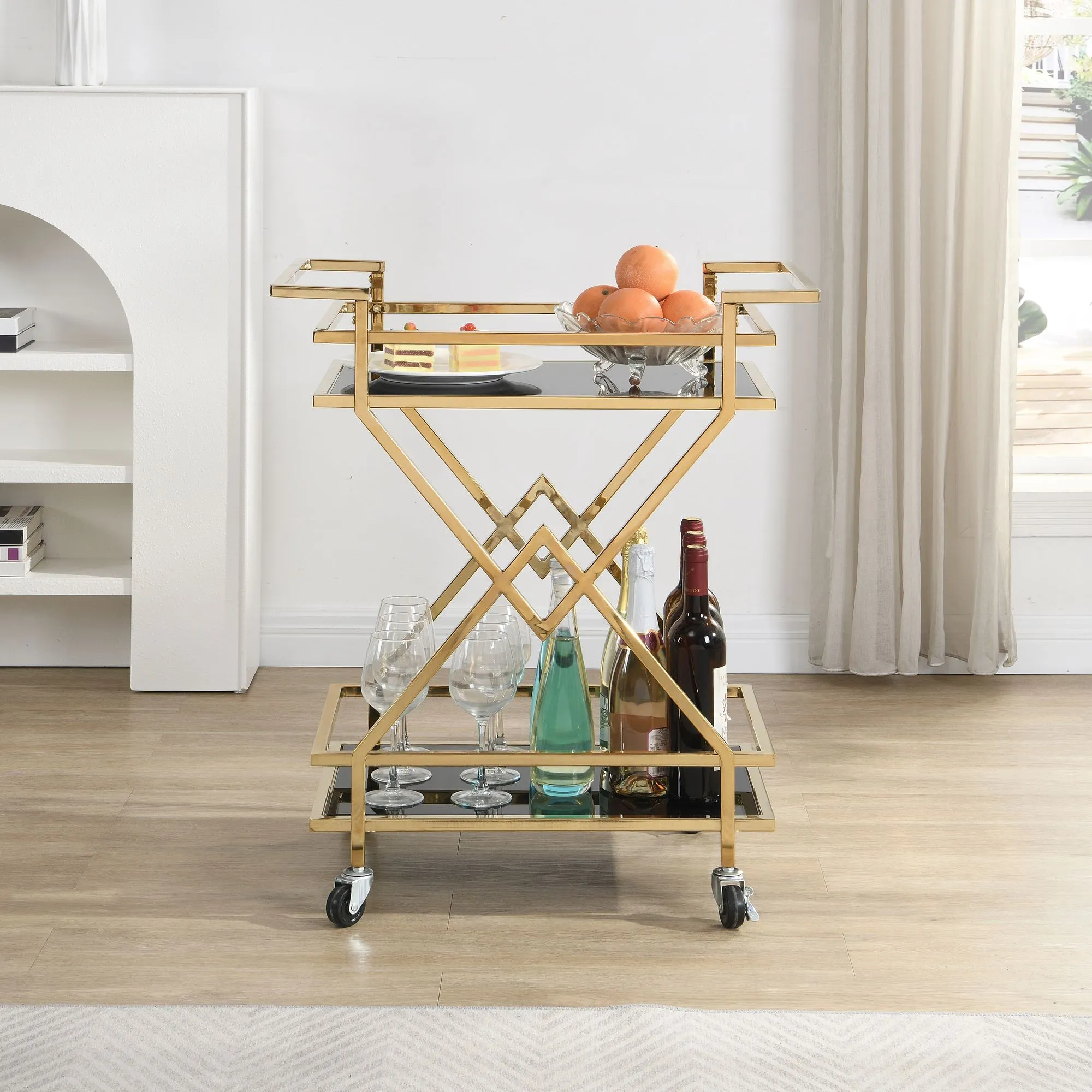 Servierwagen Gold mit Glasablagen 65x80x40 cm