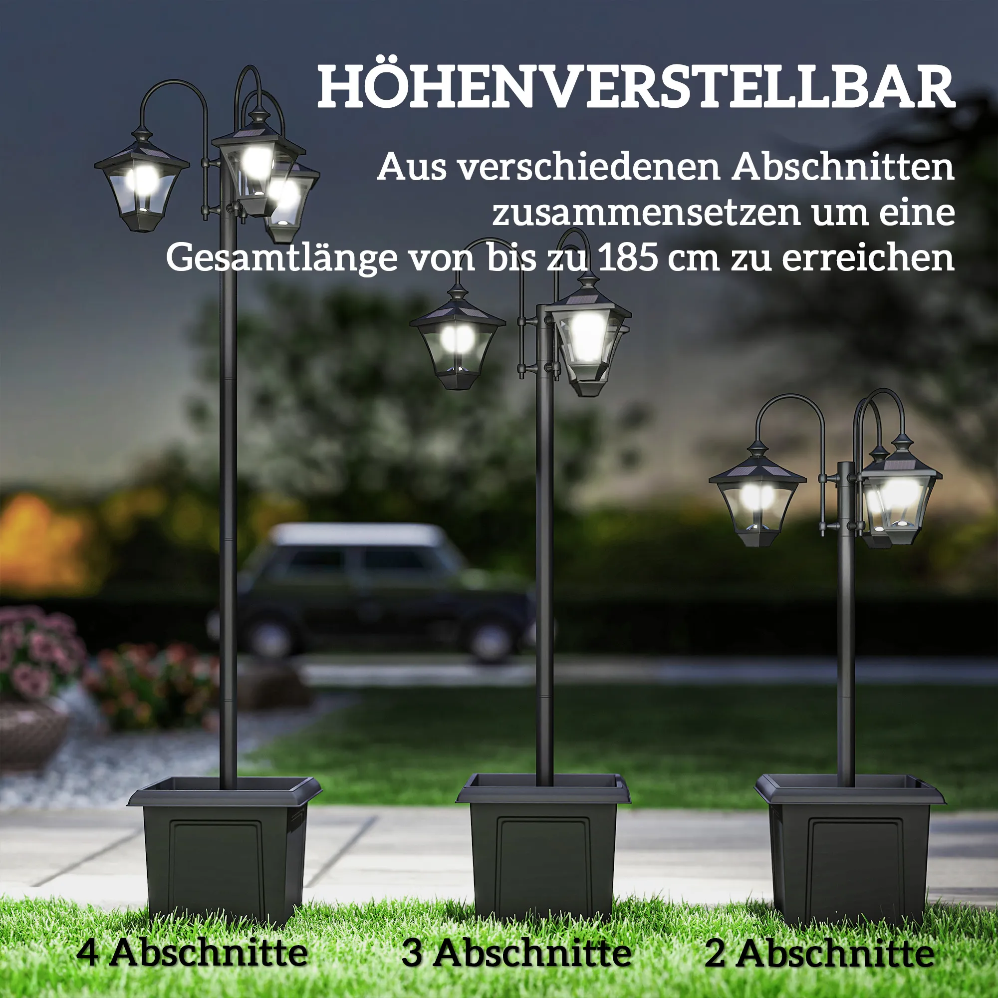 Solar Gartenlaterne mit Pflanzkübel, höhenverstellbar, Schwarz