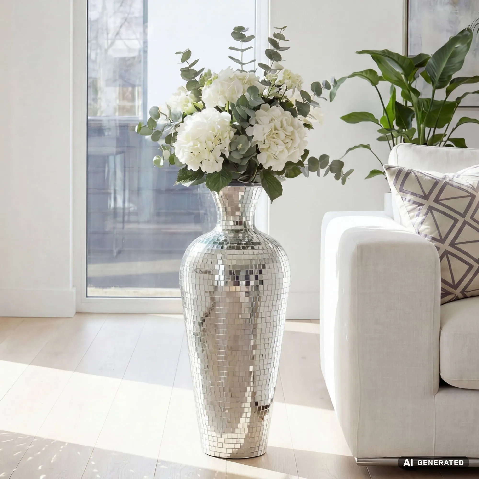 Bodenvase Aluminium 50cm Silber - Blumenvase Groß - Metallvase im Discokugel Design Modern - Dekovase rund für Trockenblumen - XL Standvase Hoch - Wohnzimmer Deko - Wohndeko Handmade