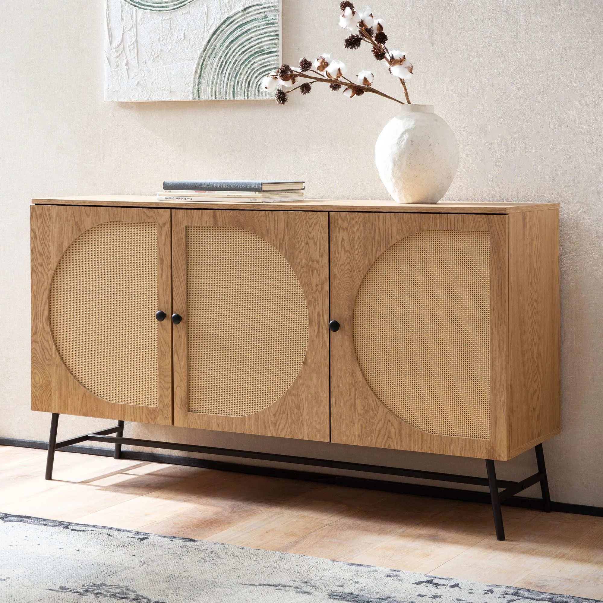 Sideboard 140x80x39 cm Kommode Eiche-Dekor mit Rattan Geflecht Modern