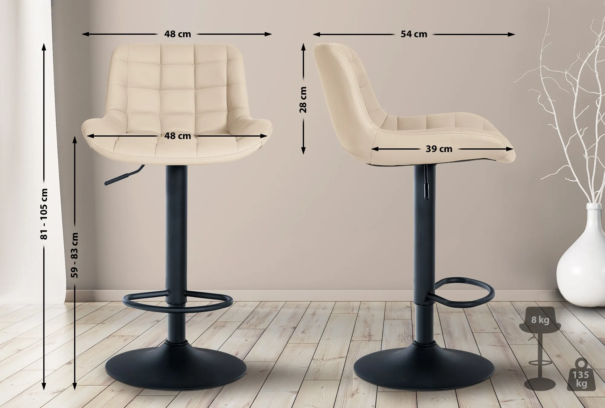 Barhocker Tover Set 2-teilig 81-105x48x54 cm Creme