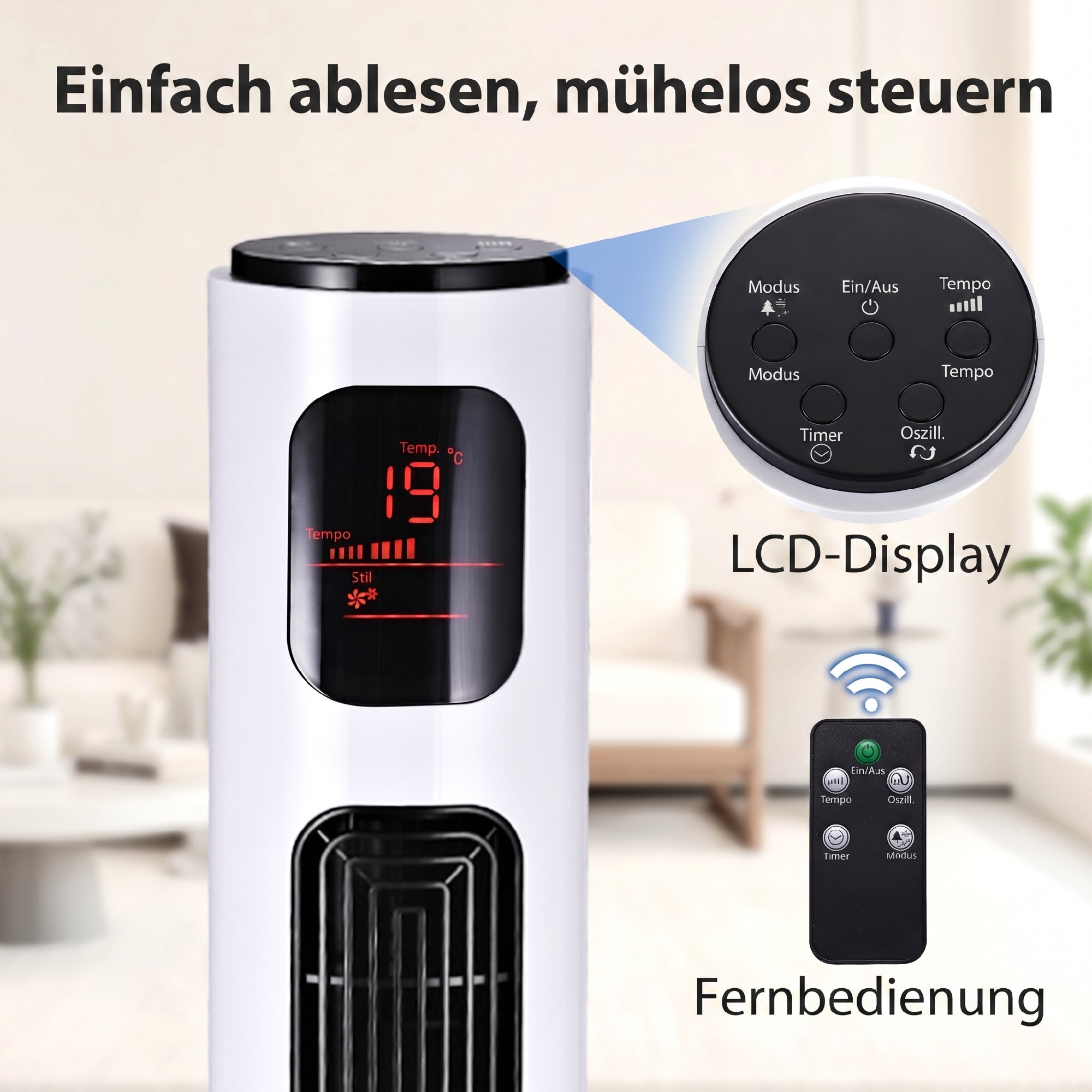 Turmventilator 32L x 32L x 96H cm in Weiß und Schwarz