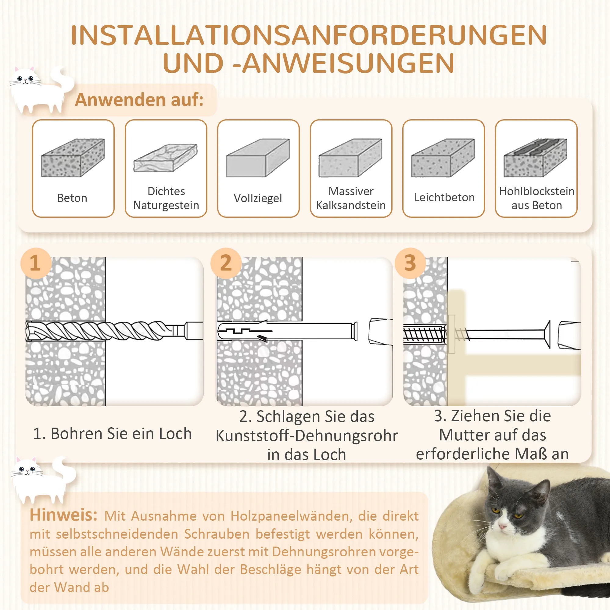Katzentreppe Beige 44B x 22T x 28H cm mit Hängematte und Kratzstämmen