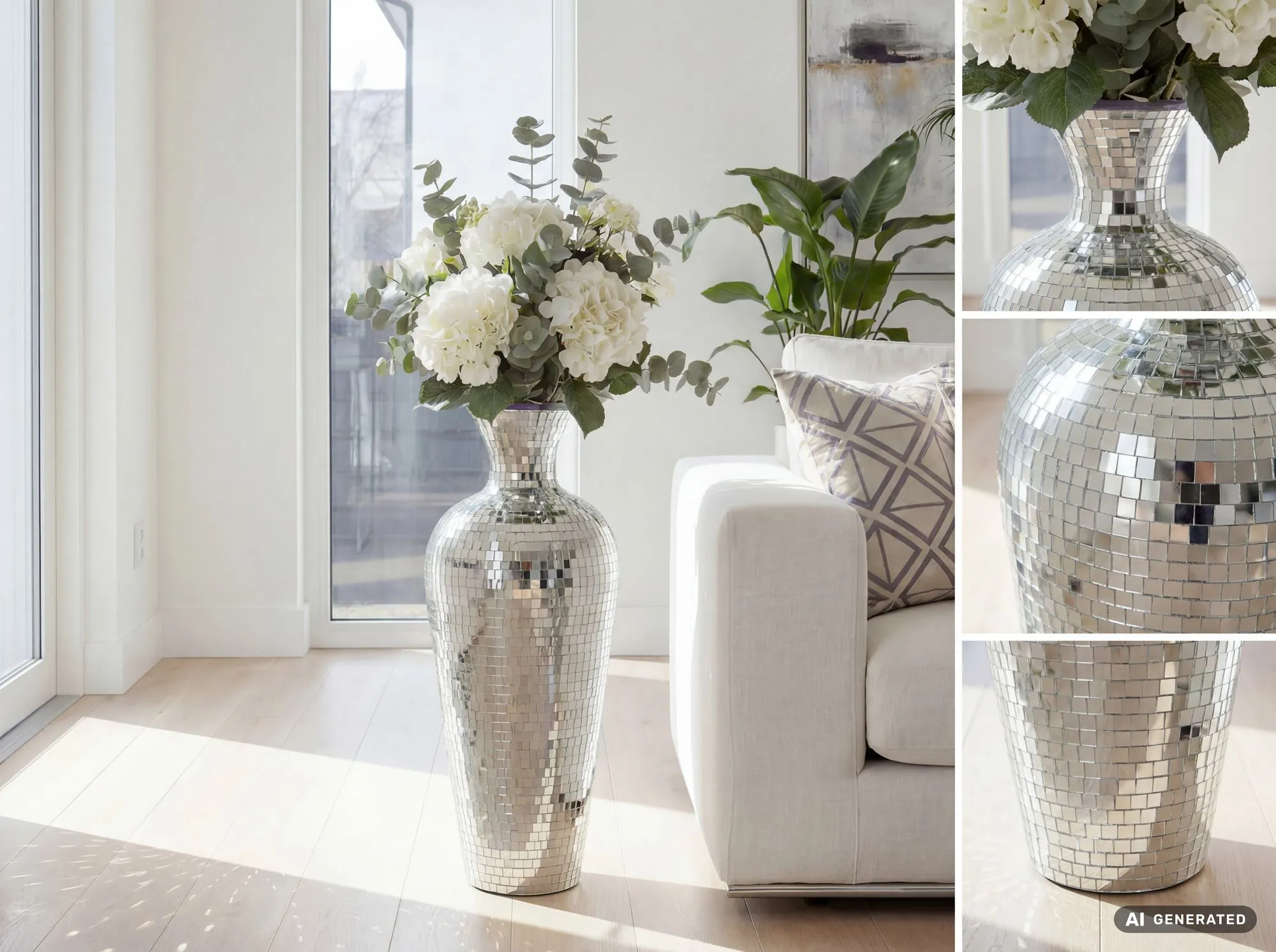 Bodenvase Aluminium 70cm Silber - Blumenvase Groß - Metallvase im Discokugel Design Modern - Dekovase rund für Trockenblumen - XL Standvase Hoch - Wohnzimmer Deko - Wohndeko Handmade