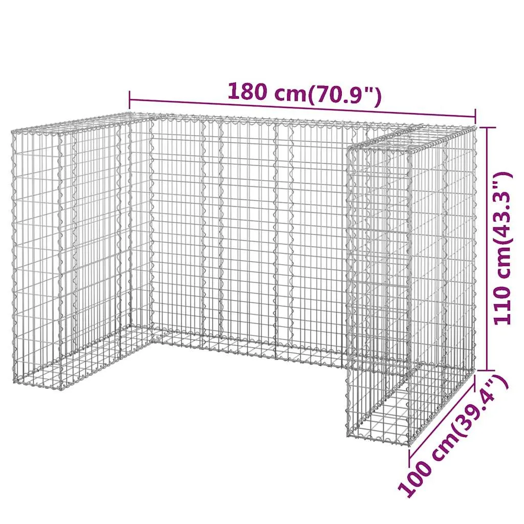 Gabionen-Mülltonnenverkleidung 180x100x110 cm silbern aus verzinktem Stahl
