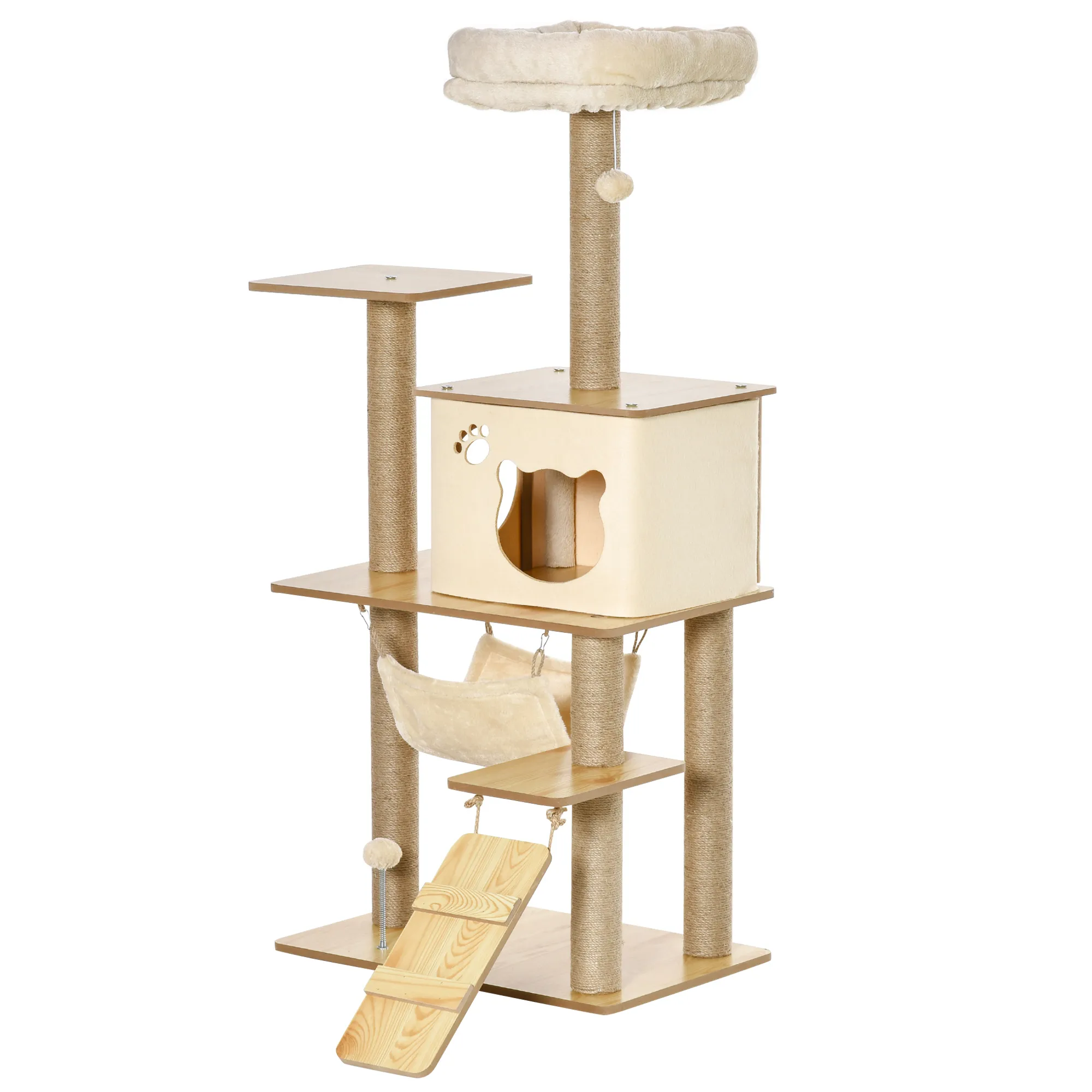 Kratzbaum Katzenbaum für Katzen Kletterbaum aus Holz mit Katzenhöhle Jutestämmen großer Plattform Spielbälle 130 cm Höhe stabil Plüsch Gelb 60 x 40 x 130 cm