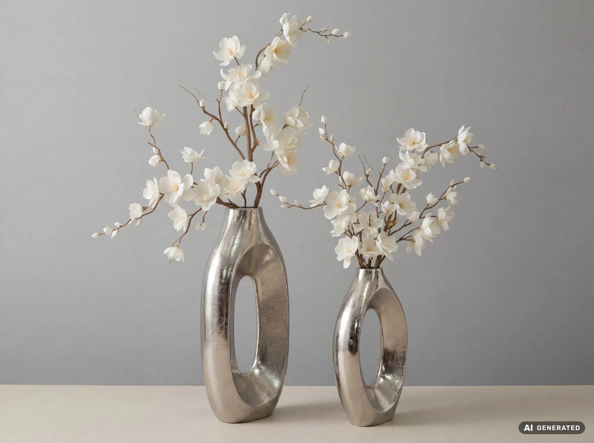 Dekovasen 2er Set aus Aluminium Raw-Finish Ringdesign Silber