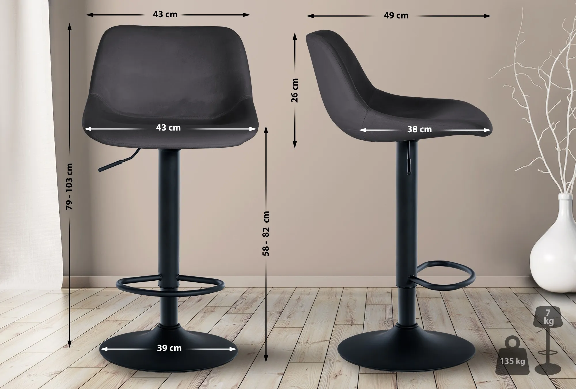 Barhocker Loft 79-103x43x49 cm dunkelgrau