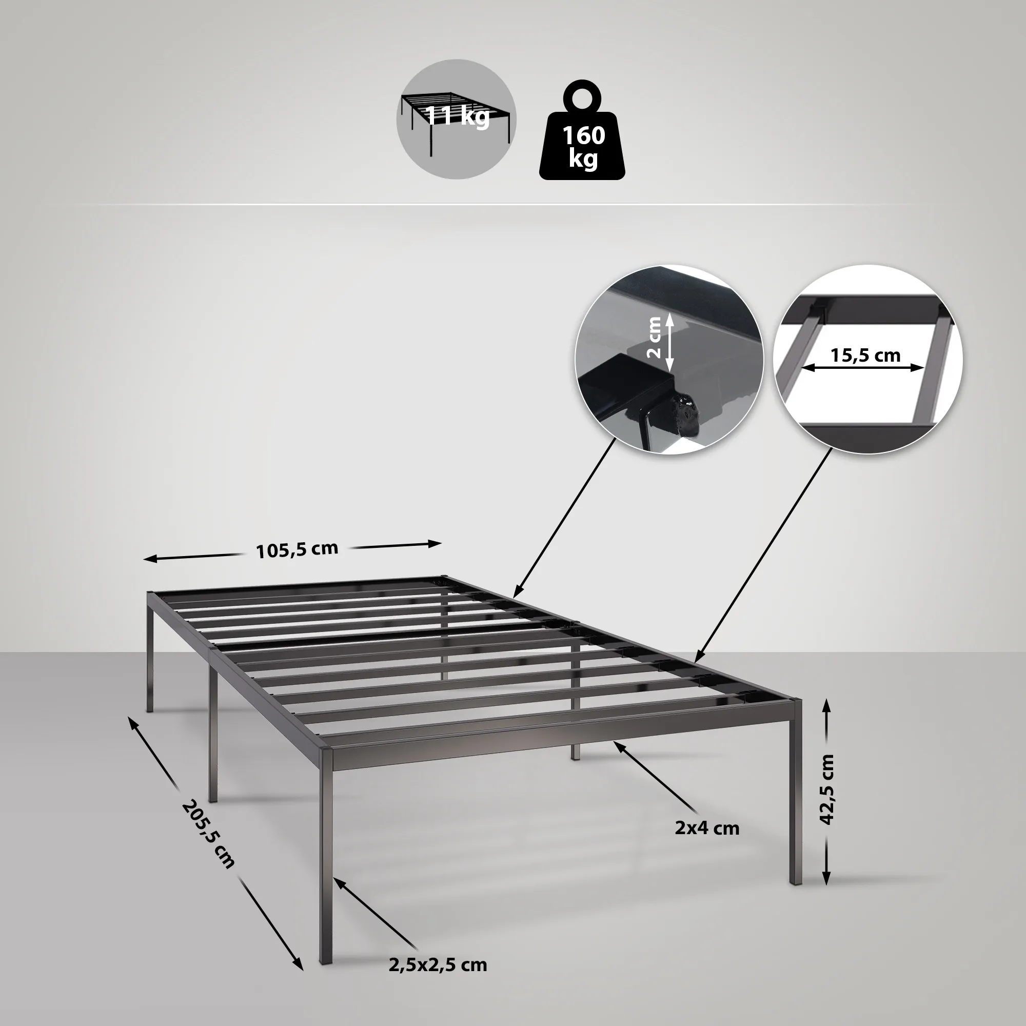 Metallbett Fargo 105,5 x 205,5 cm schwarz