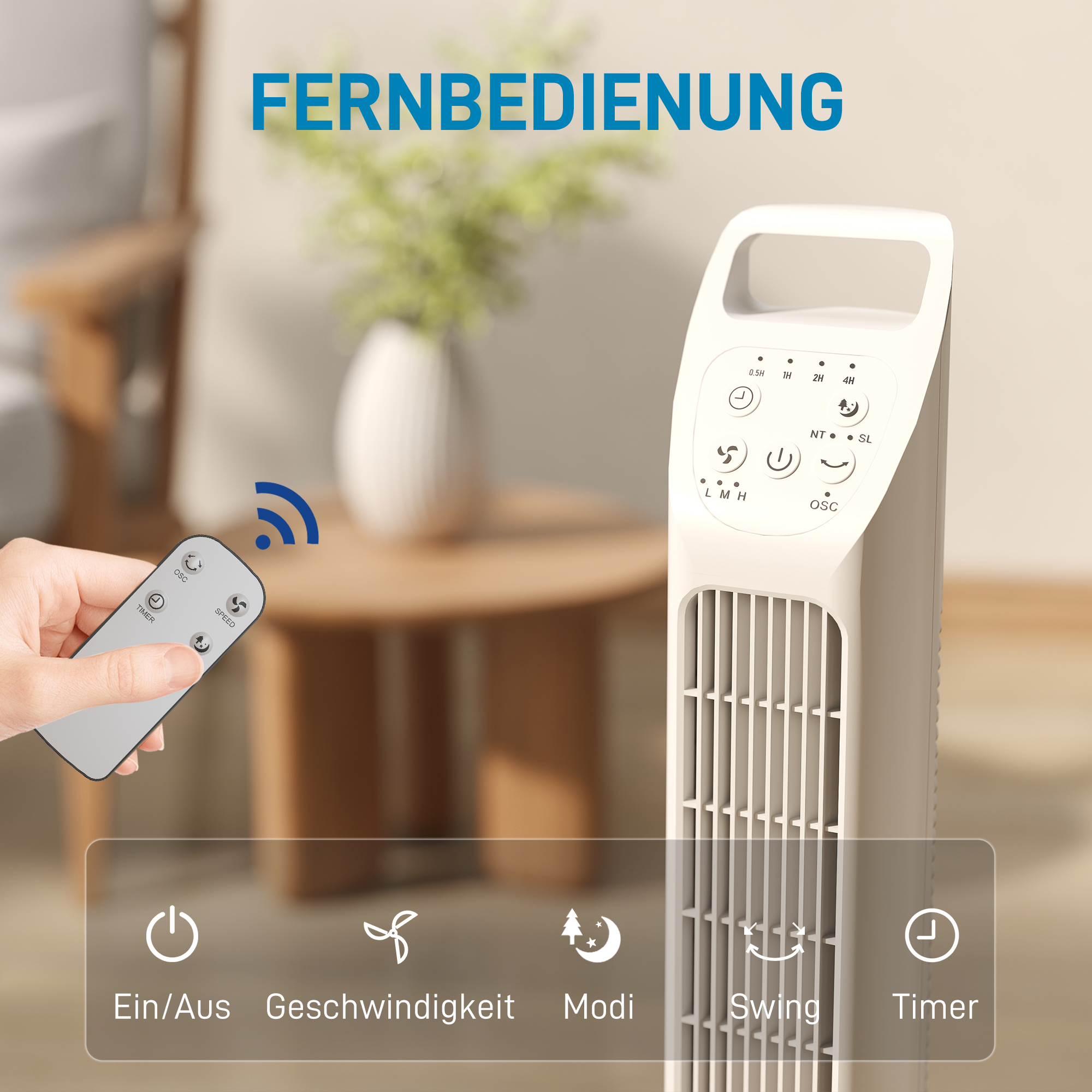 Turmventilator Weiß Ø18 x 78,5H cm mit Fernbedienung