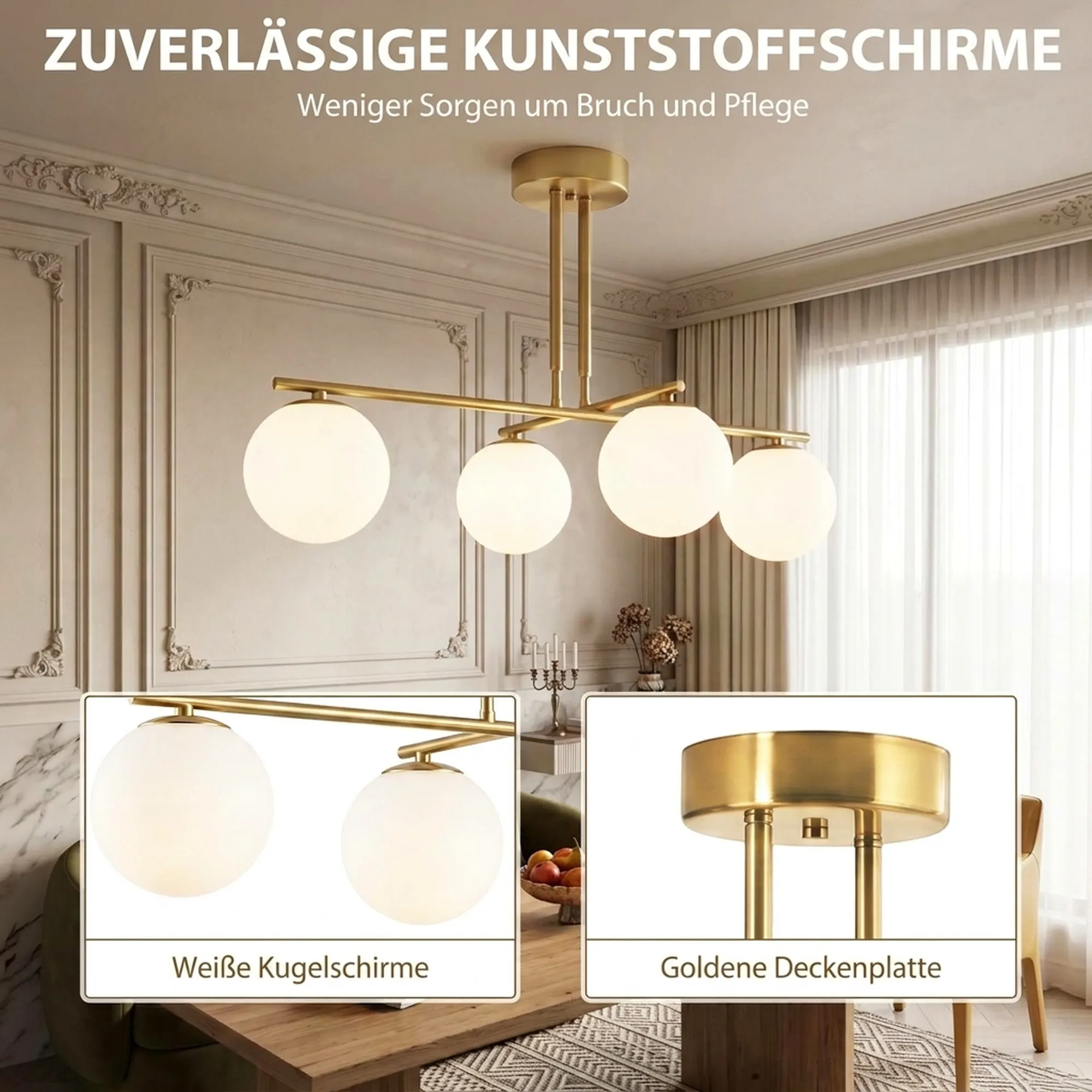 Pendelleuchte mit 4 Kugelschirmen, höhenverstellbar, Weiß-Gold