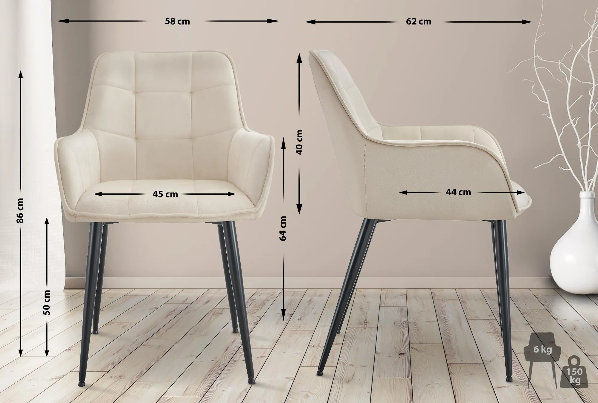 Esszimmerstuhl Ferndale Samt 62x58x86 cm creme