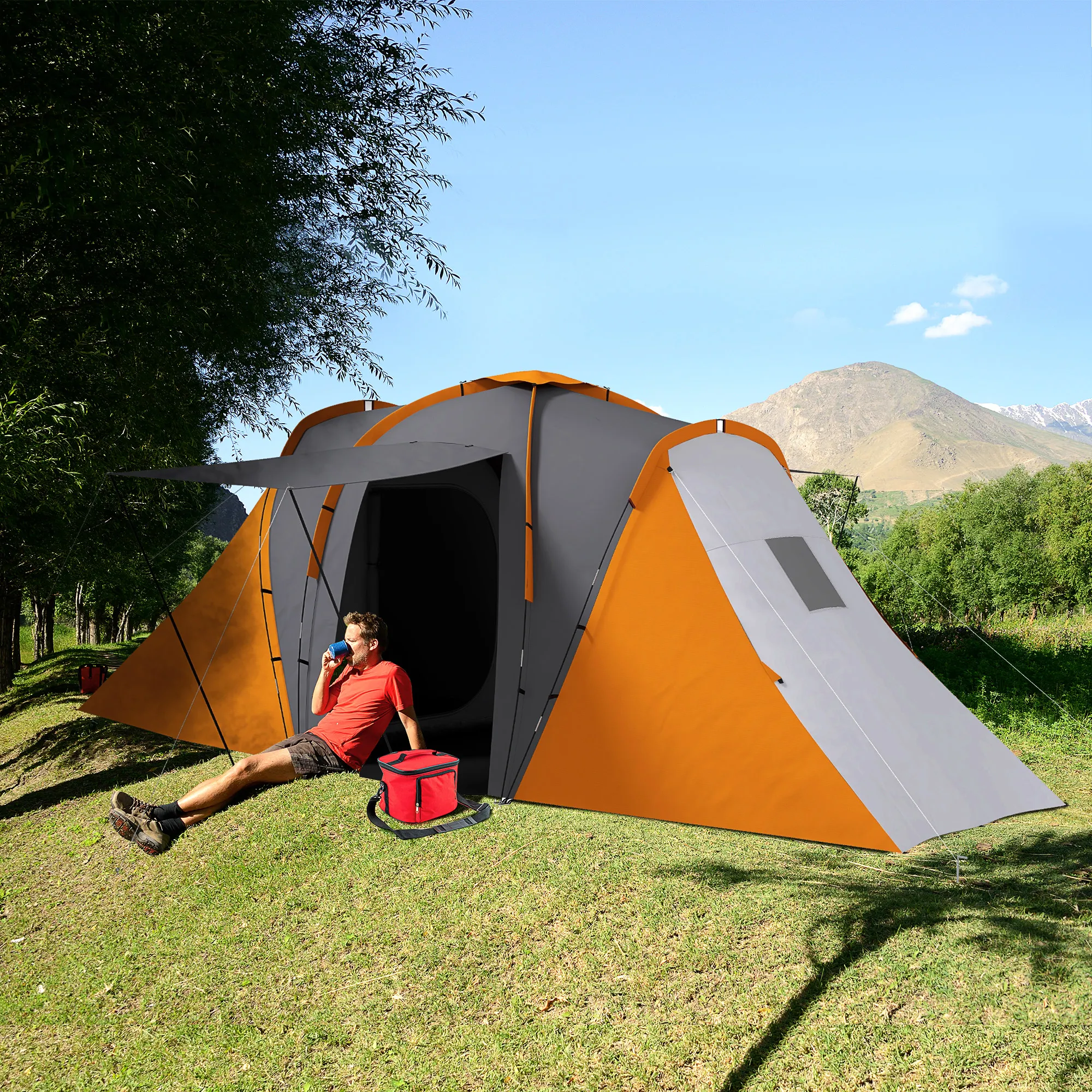 Tunnelzelt 4-6 Personen 555x225x190 cm Grau-Orange