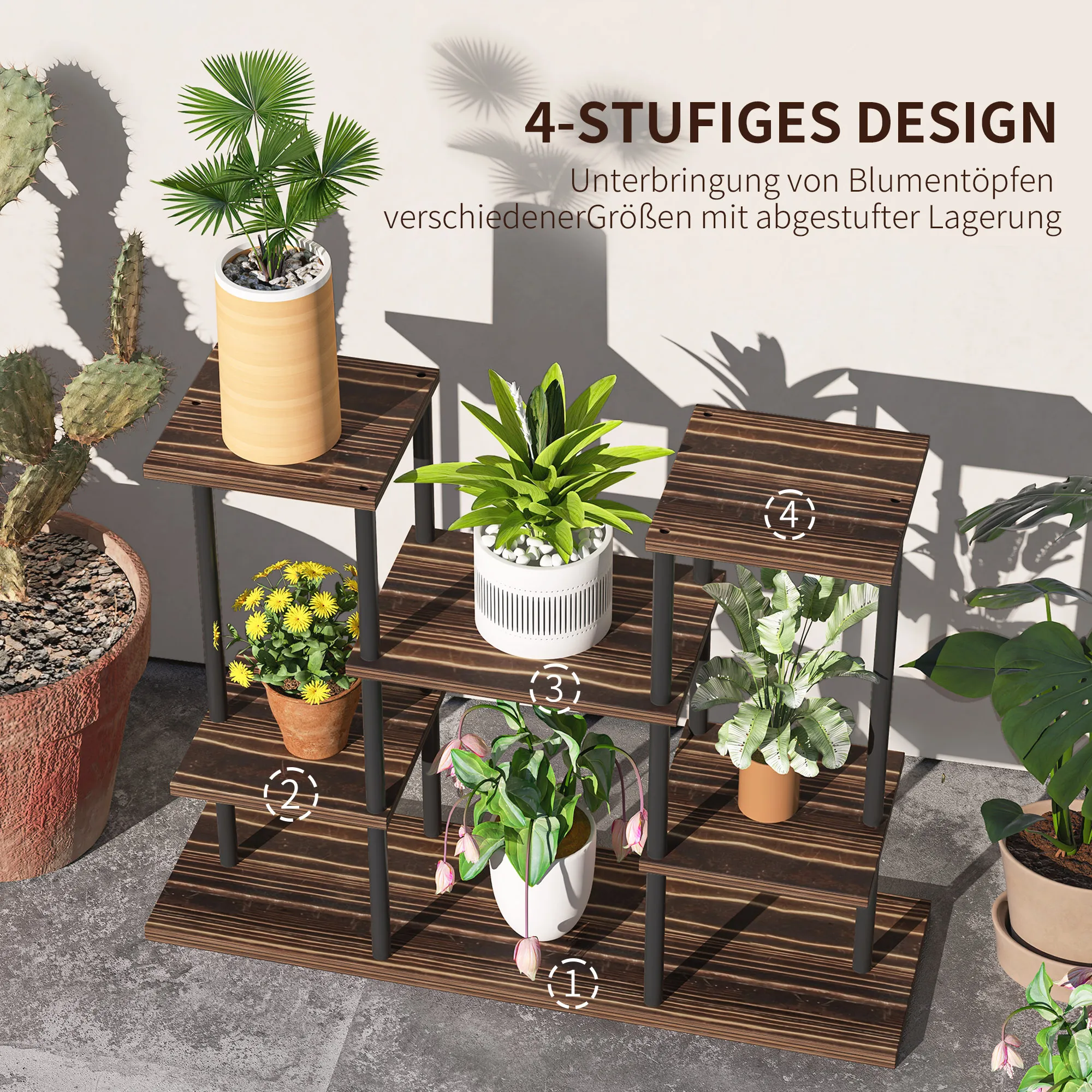 Blumenständer mit 4 Ebenen, 4-stufiger Pflanzenständer, Blumentopfhalter für drinnen und draußen, Holz, Stahl