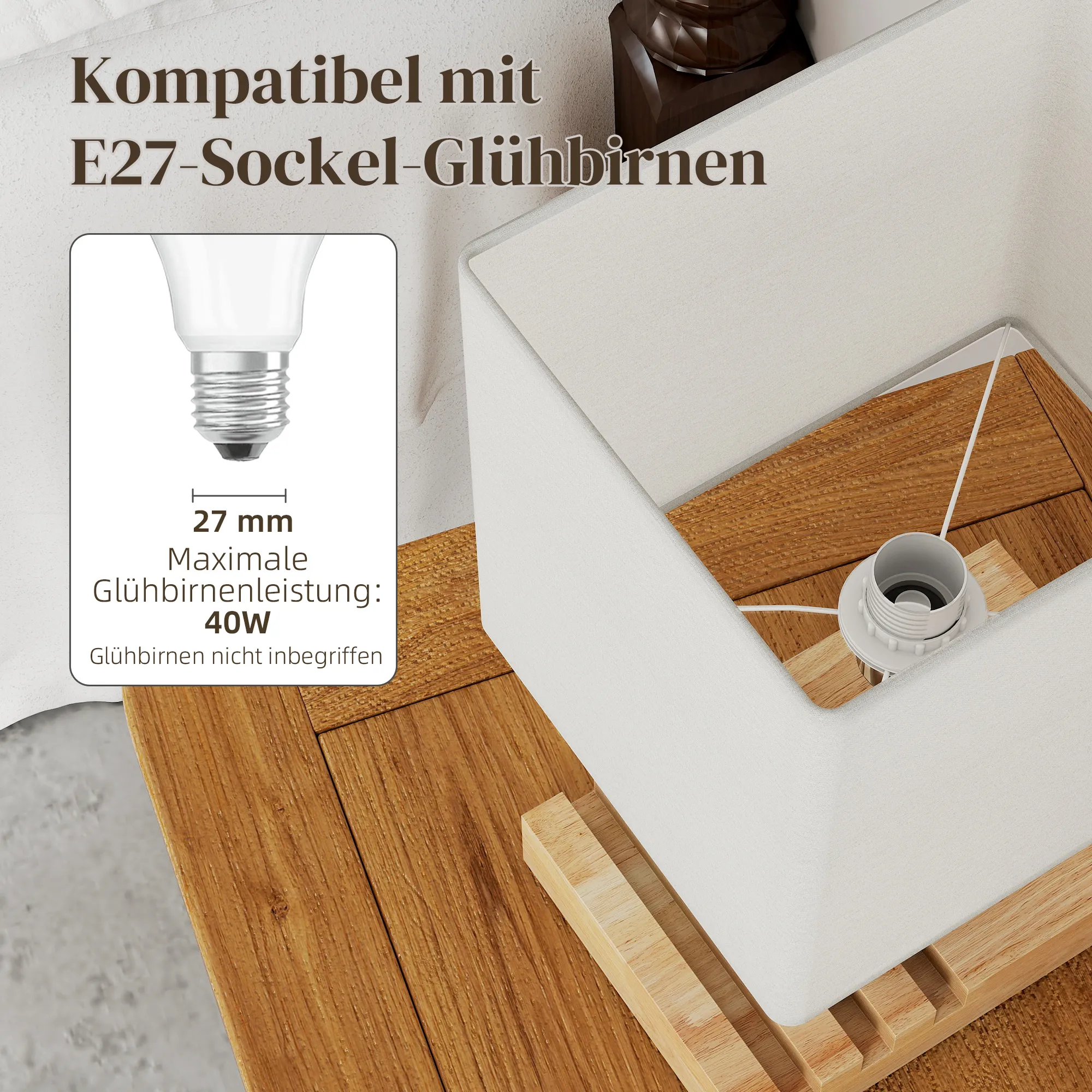 Nachttischlampe mit USB-A/C Ports, Holz & Stoff, Weiß, 40,5 cm