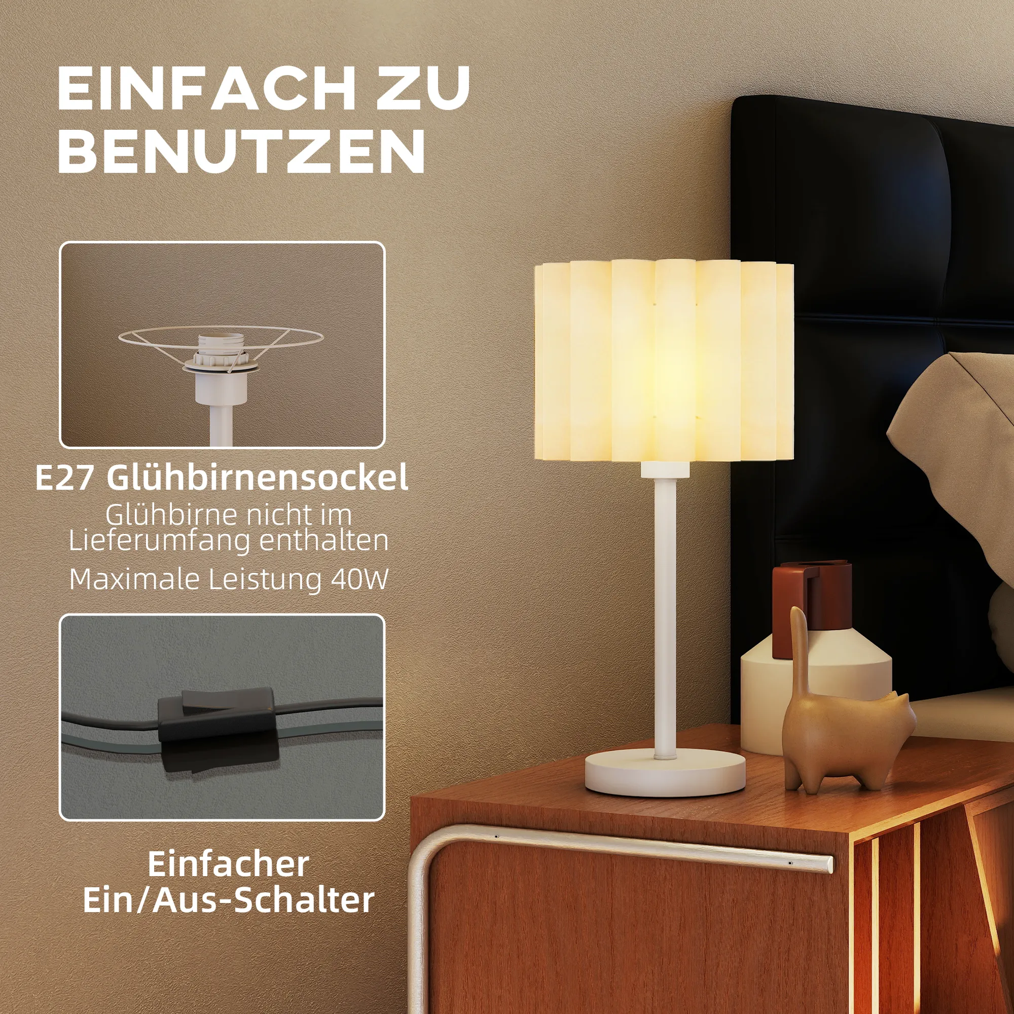 Tischlampe Retro-Stil Kunststoff-Schirm E27 Metallfuß Weiß