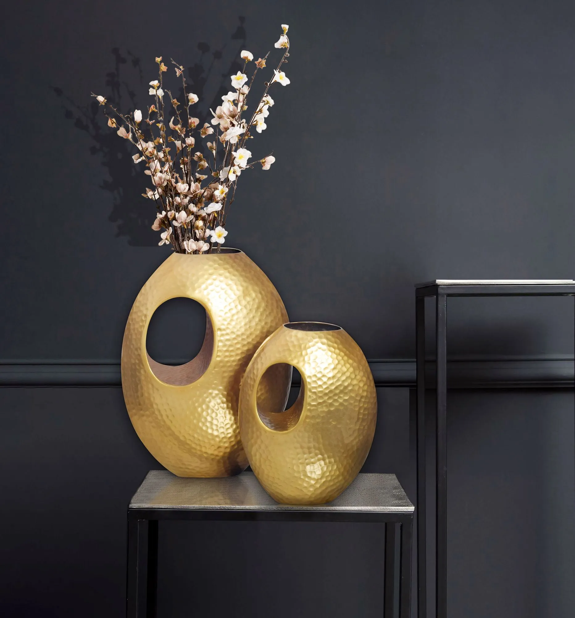 Deko Vase 2er Set Aluminium Gold mit Tragegriff Blumenvase Modern