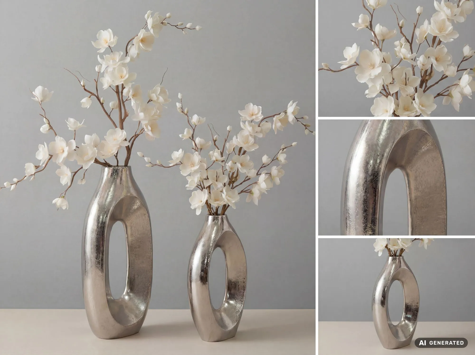 Dekovasen 2er Set aus Aluminium Raw-Finish Ringdesign Silber