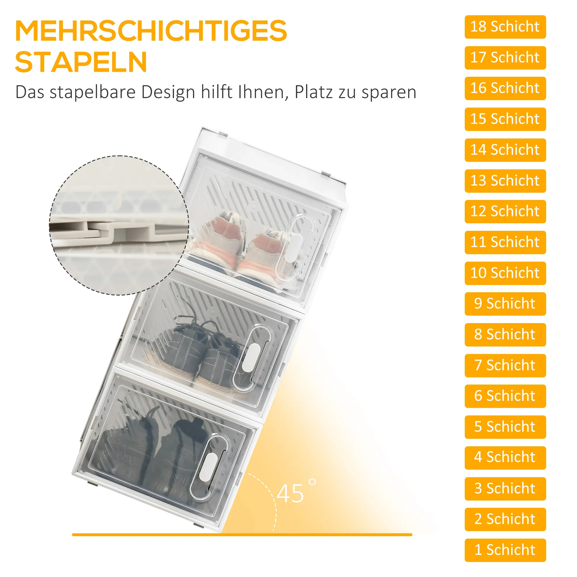 18-teiliges Schuhregal, stapelbare Schuhboxen für Schuhe bis Größe 45, magnetische Türen, Kunststoff, 28 x 36 x 21 cm