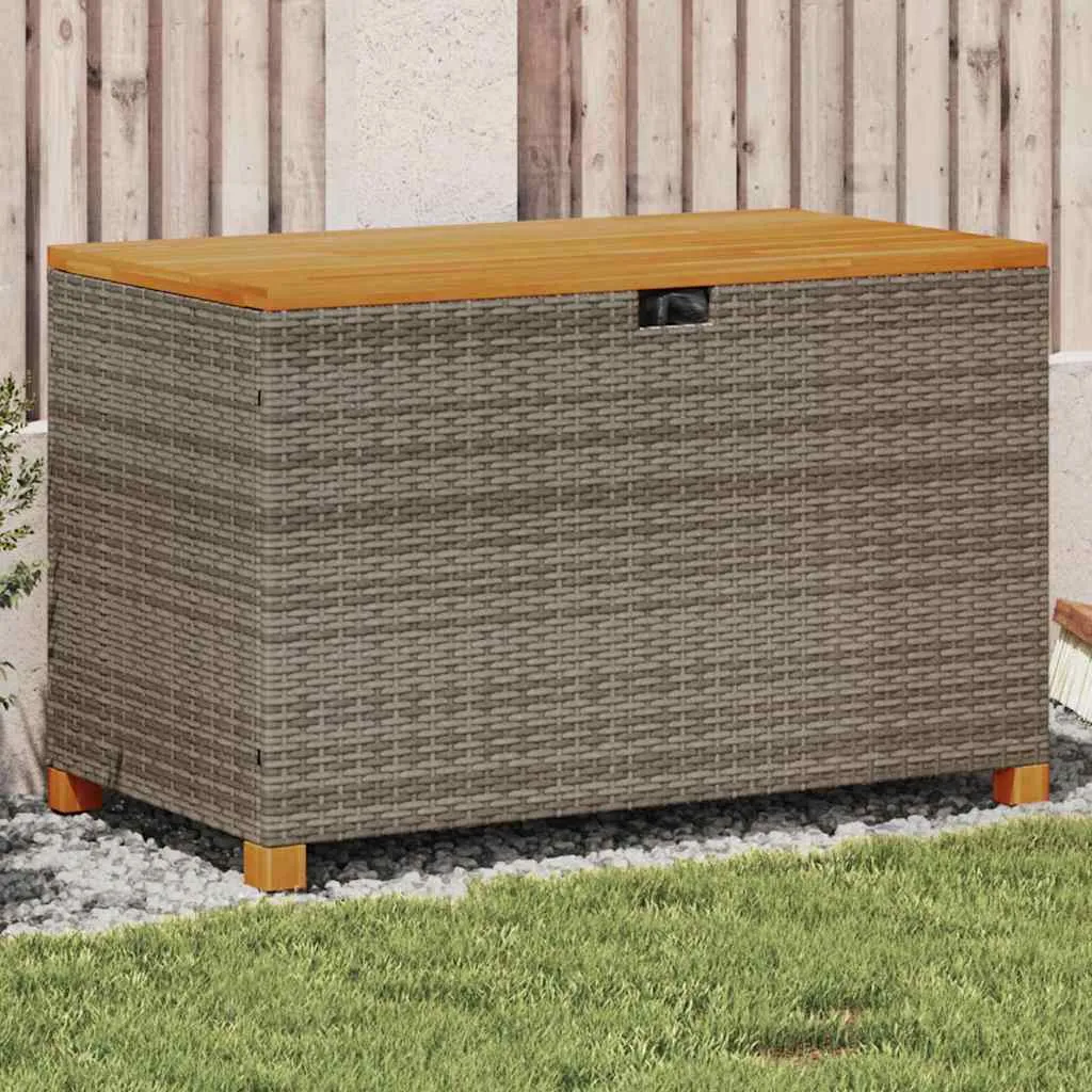 Gartenbox aus PE-Rattan mit Echtholz-Tischplatte 110x55x63 cm Grau Braun | 110 x 55 x 63 cm