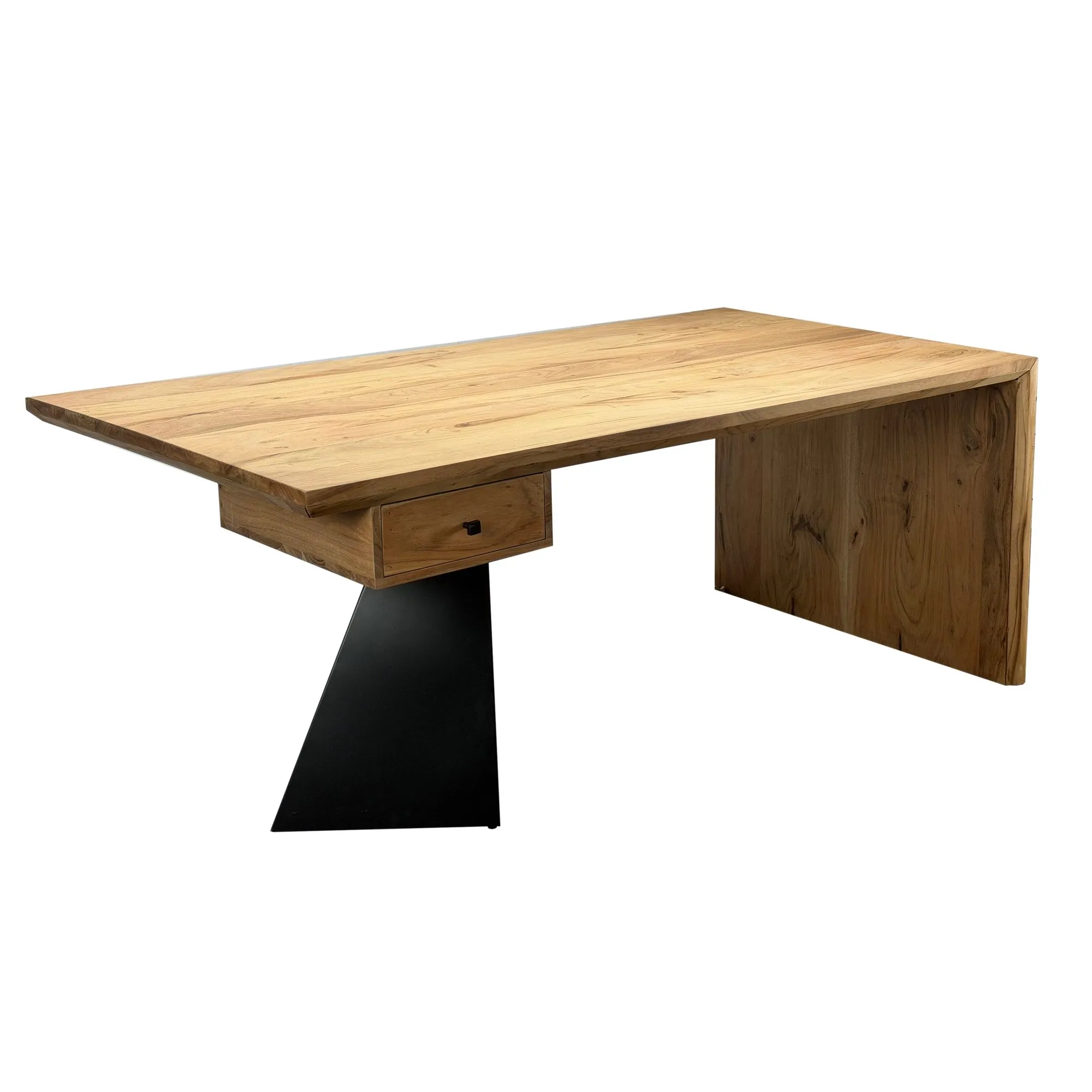 Schreibtisch aus Massivholz Akazie 180 x 90 cm rechteckig mit Schublade - Moderner massiver Bürotisch mit Metall - Natur Holztisch Industrial Design
